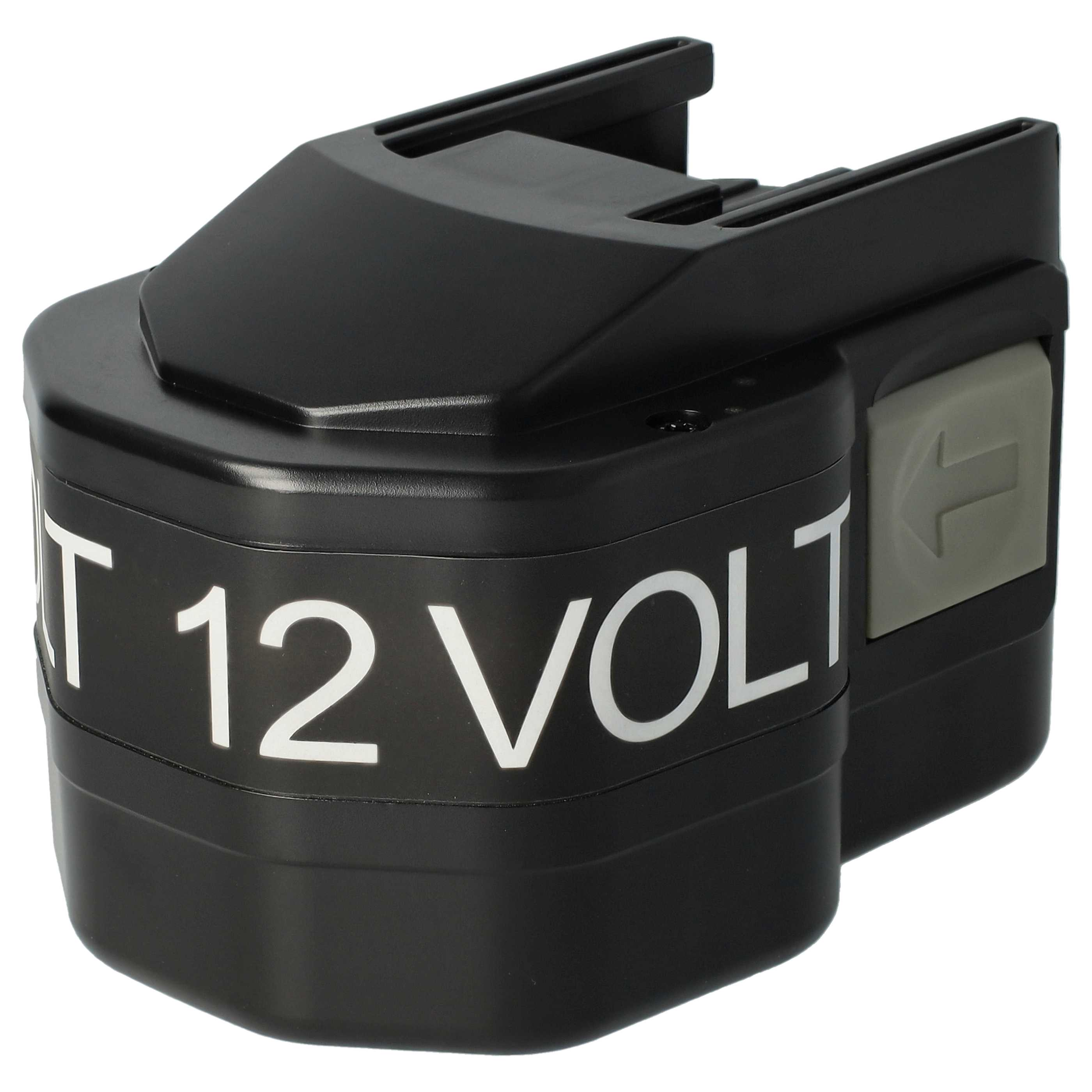 Ein schwarzer 12-Volt-Akkupack. Er hat weißen Text und eine graue Taste. Der Hintergrund ist weiß.