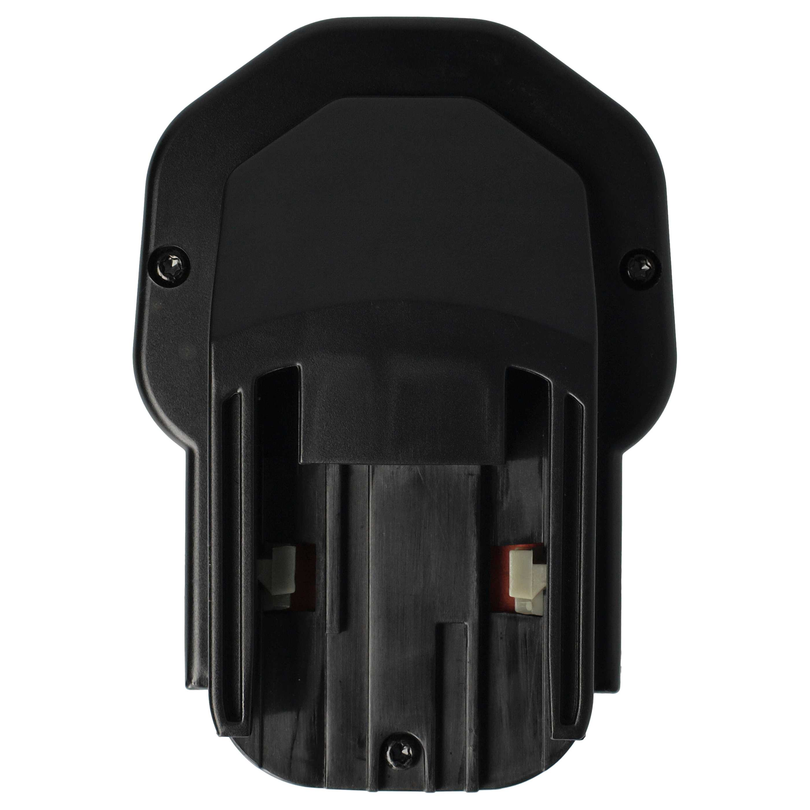 Ein schwarzer Batterieadapter. Er hat einen rechteckigen Körper mit zwei Schrauben. Zwei weiße und rote Anschlüsse sind sichtbar.