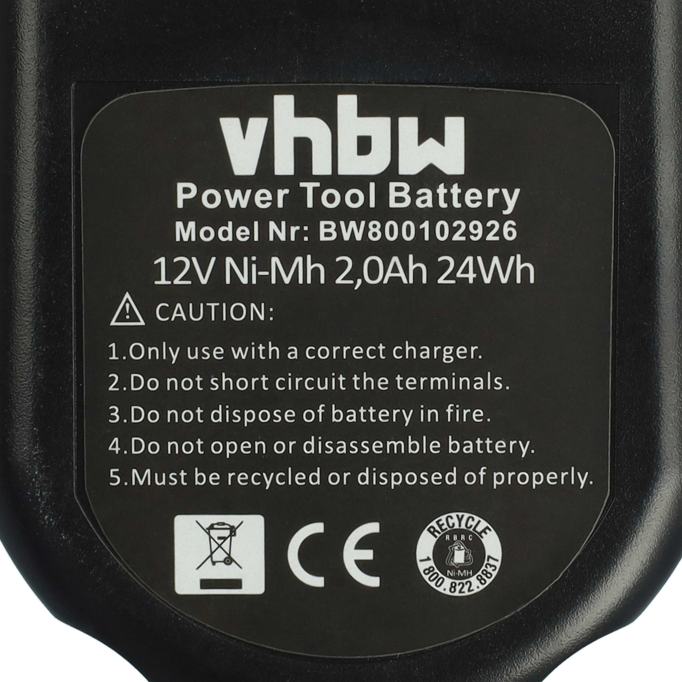 Schwarzes Batterieetikett mit weißem Text, einschließlich Warnungen und Recyclinginformationen. Markenname: vhbw.