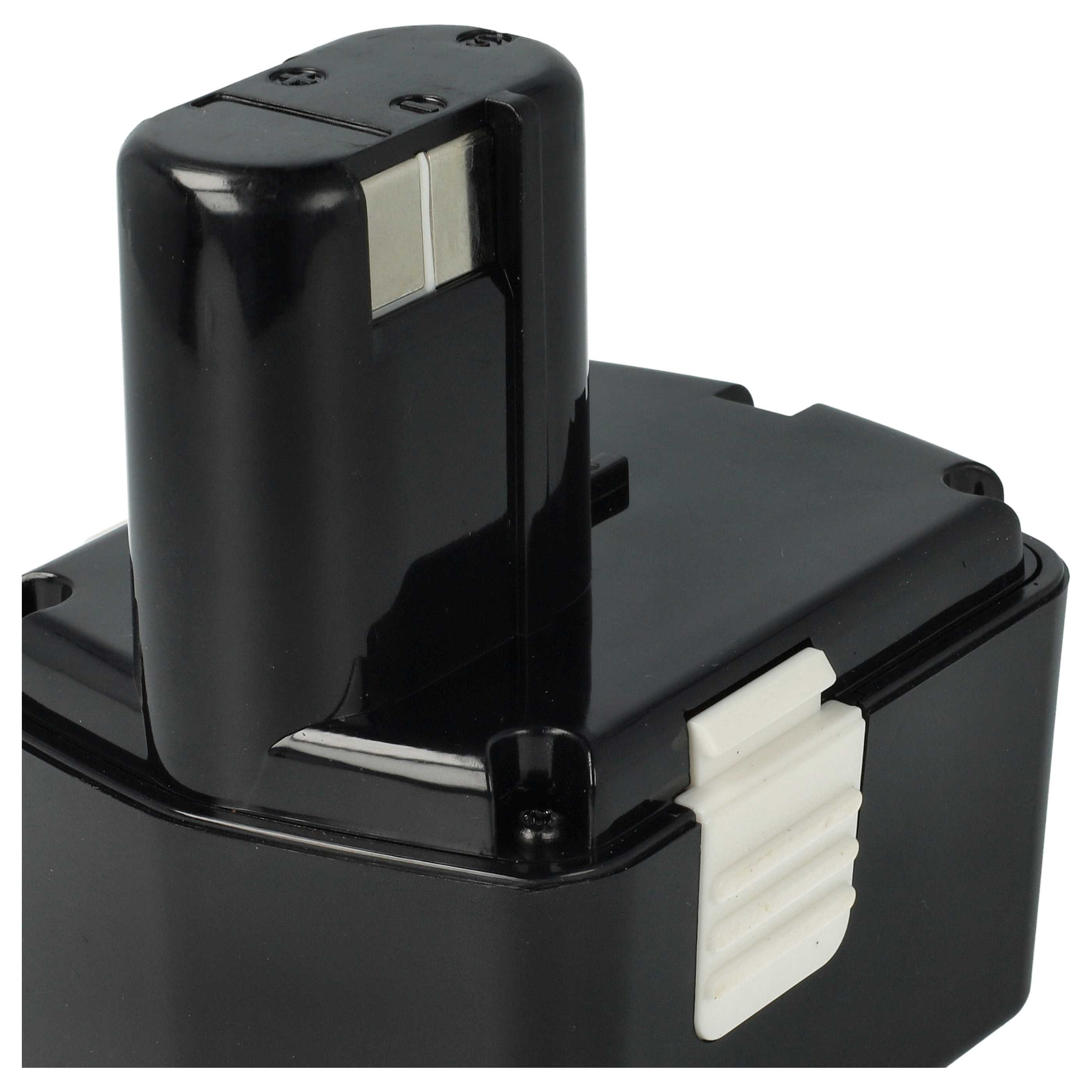 Schwarzer Akku für Elektrowerkzeuge mit weißem Entriegelungshebel. Der obere Teil ist zylindrisch, die Basis rechteckig.