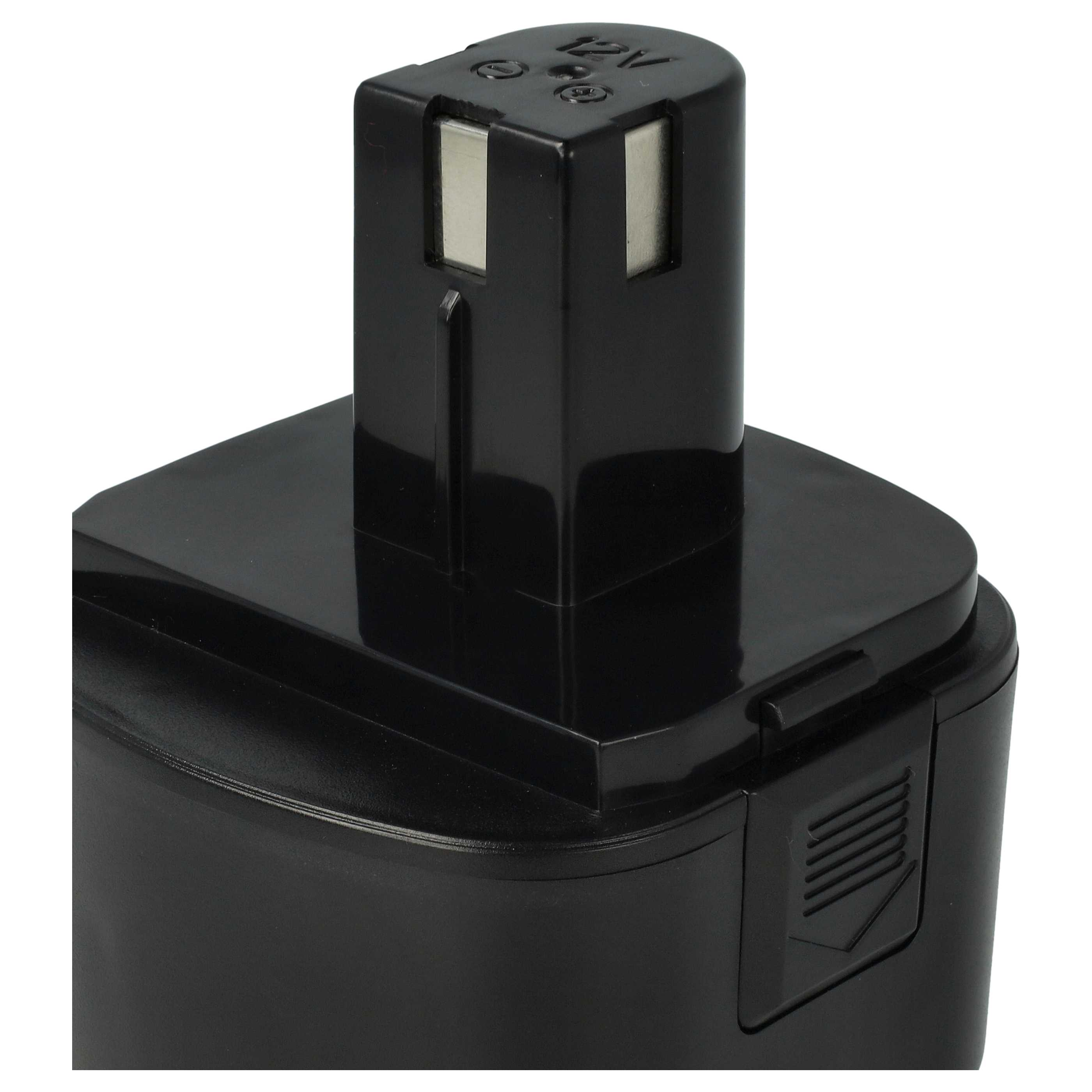 Nahaufnahme eines schwarzen 12-V-Elektrowerkzeugakkus. Der Akku hat eine rechteckige Form mit strukturierter Seite und Oberseite.
