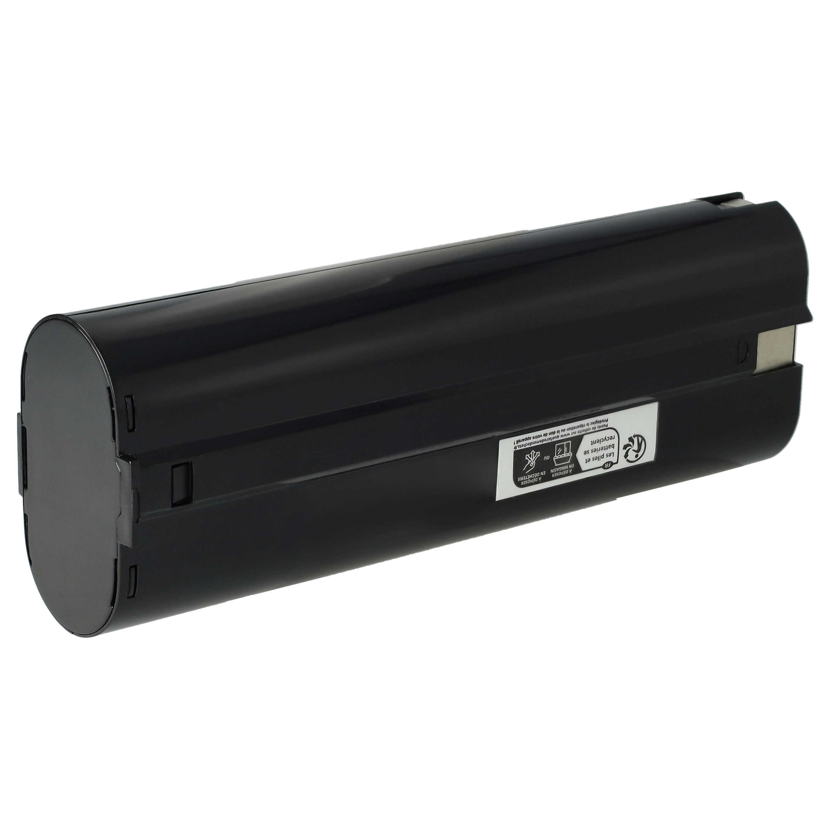 Schwarzes zylindrisches Objekt, möglicherweise eine Batterie, mit Recycling- und Entsorgungshinweisen.