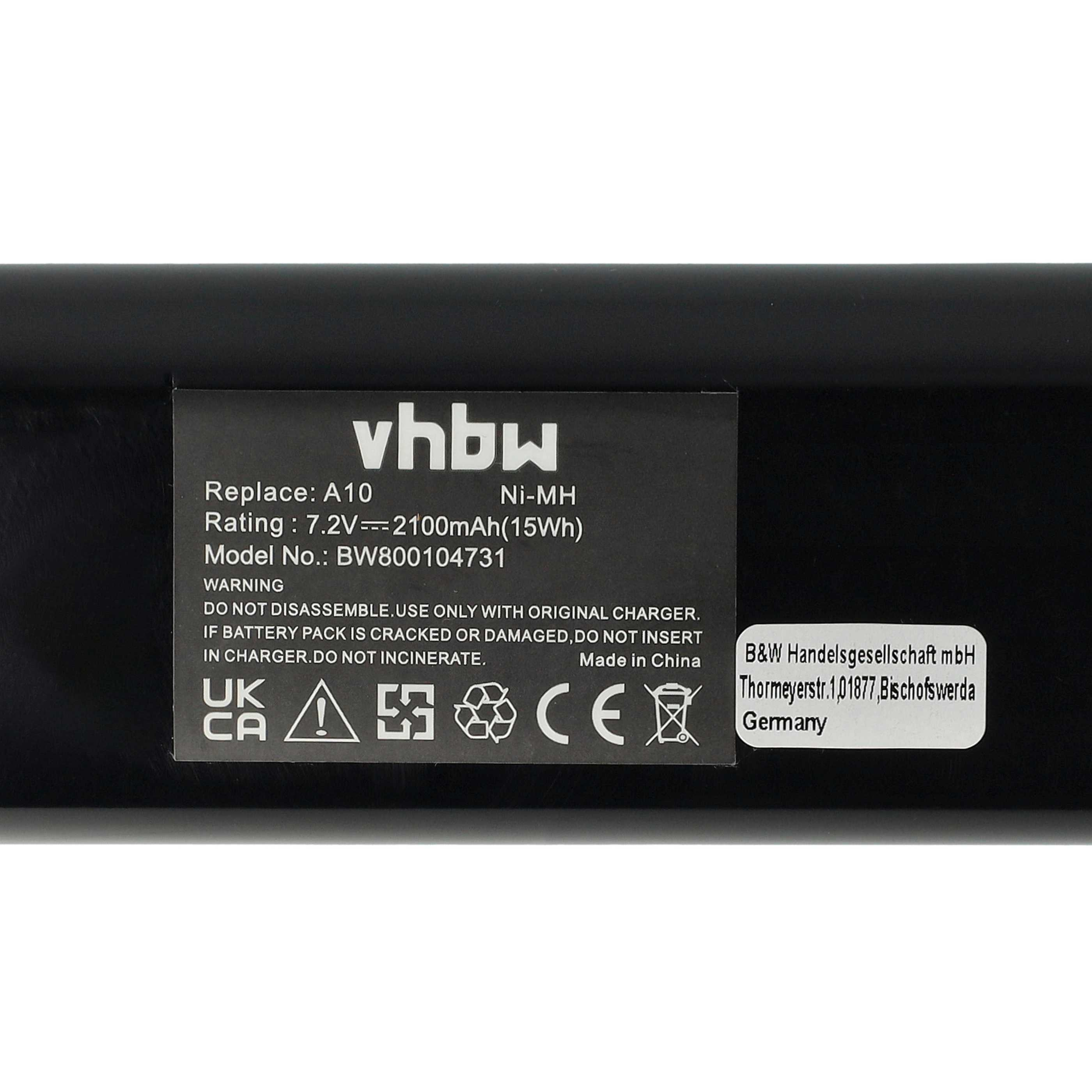 Ein schwarz-weißes Etikett mit Text: vhbw, Replace A10, Rating 7.2V, Modell BW800104731 und Warnsymbolen.