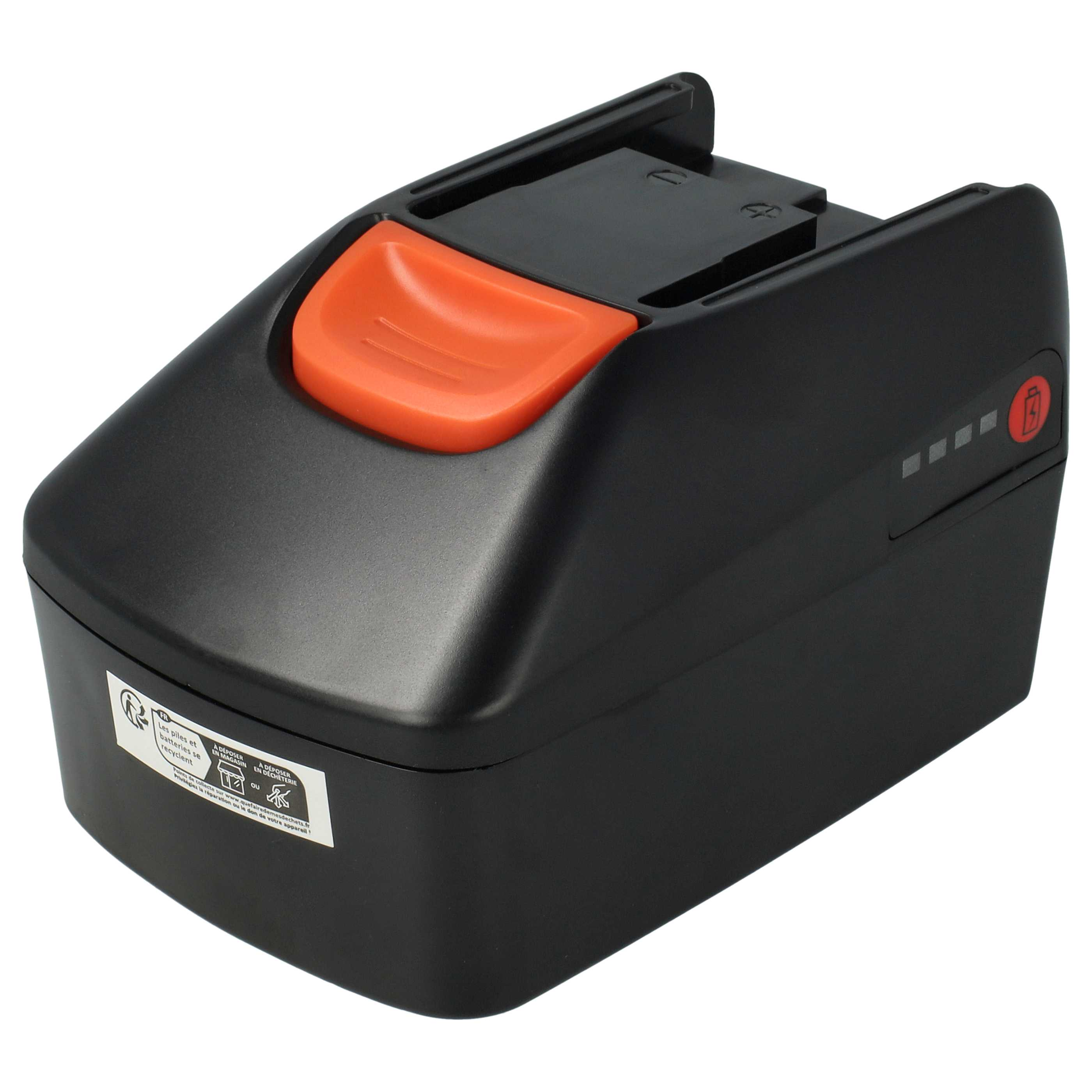 Schwarzer Elektrowerkzeug-Akku mit orangefarbener Taste. Enthält eine Akkuanzeige. Hat ein Recycling-Etikett.