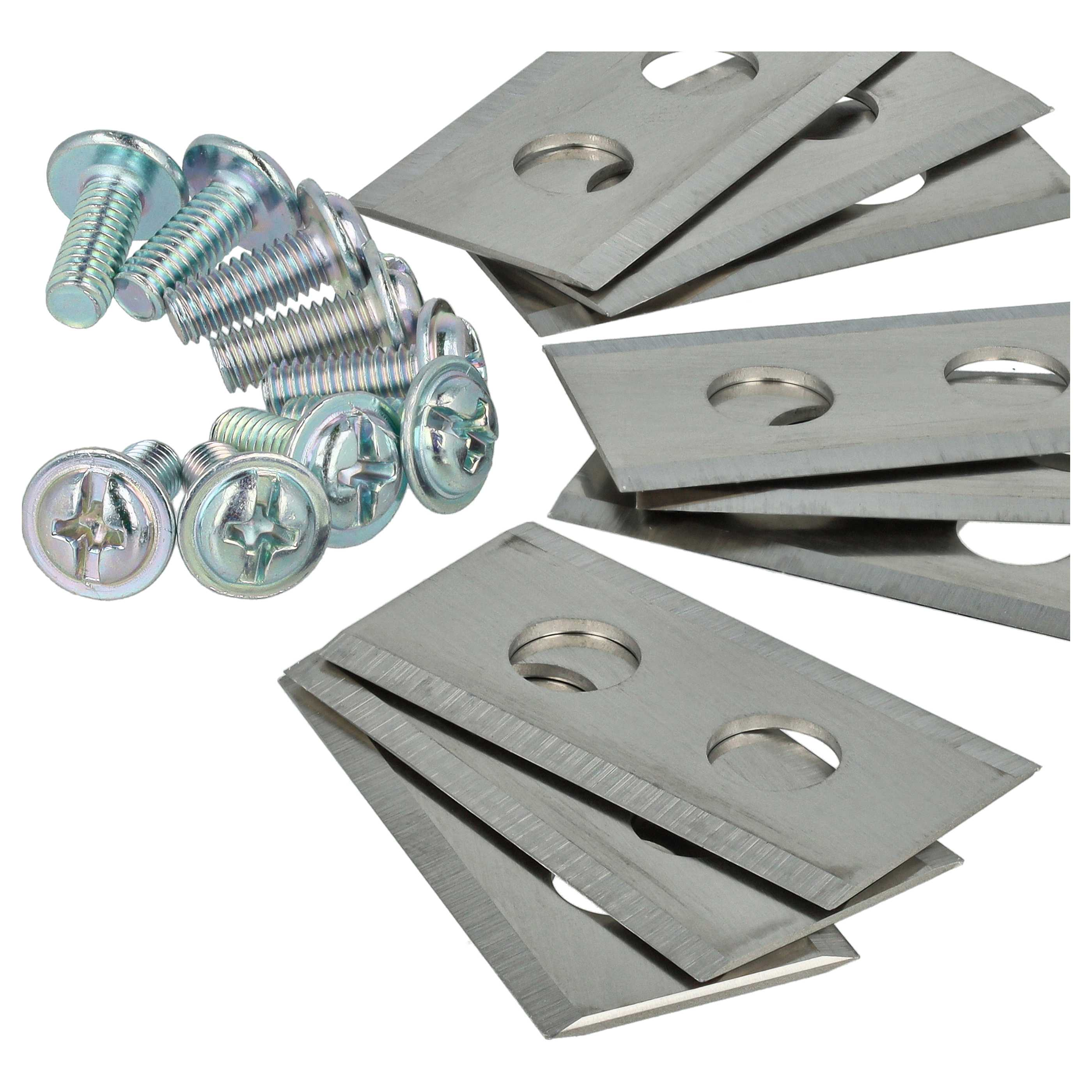 Das Bild zeigt Schrauben und Metallklingen. Schrauben sind silberfarben, Klingen grau mit Löchern.