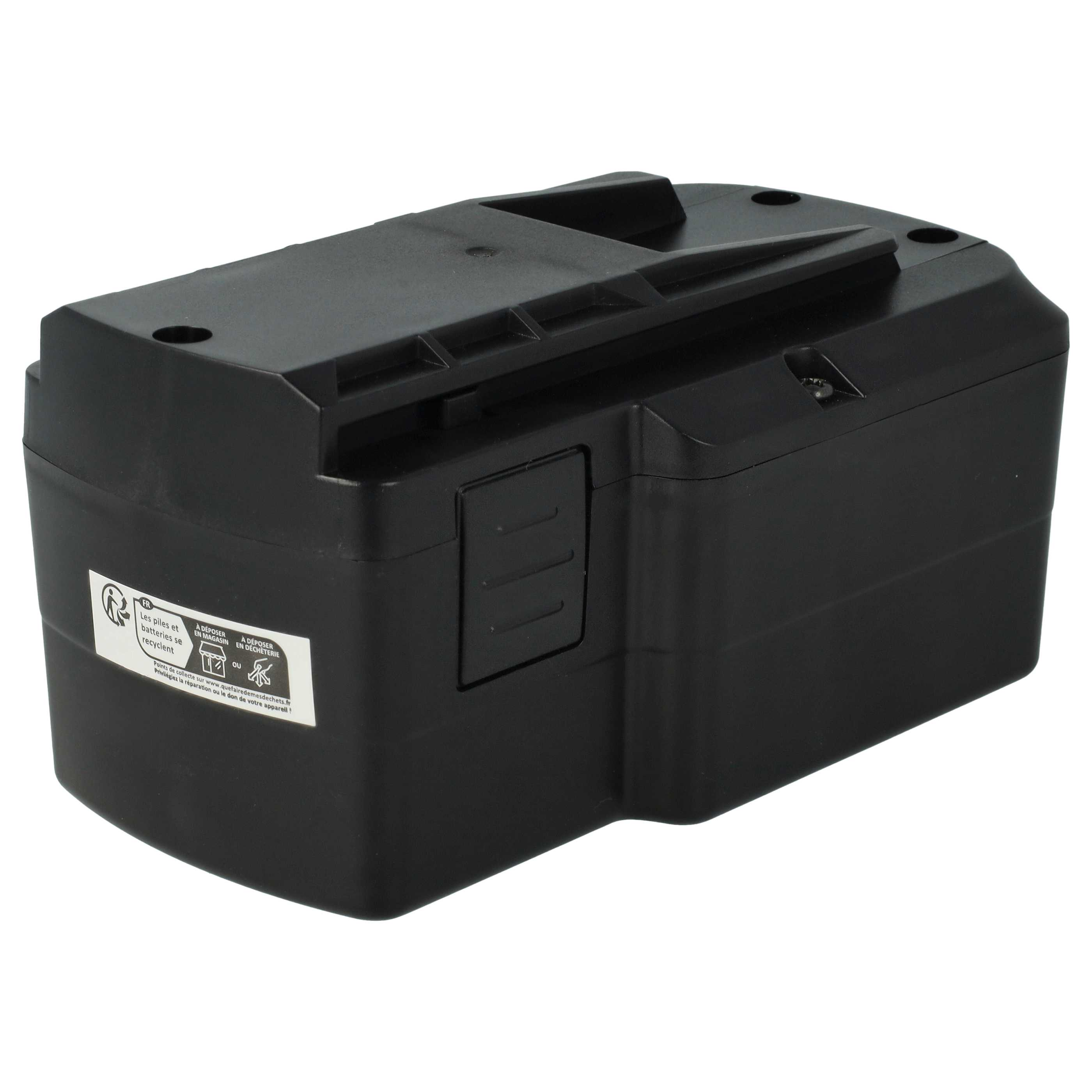 Ein schwarzes Akku-Pack mit Recycling-Informationen auf weißem Hintergrund.