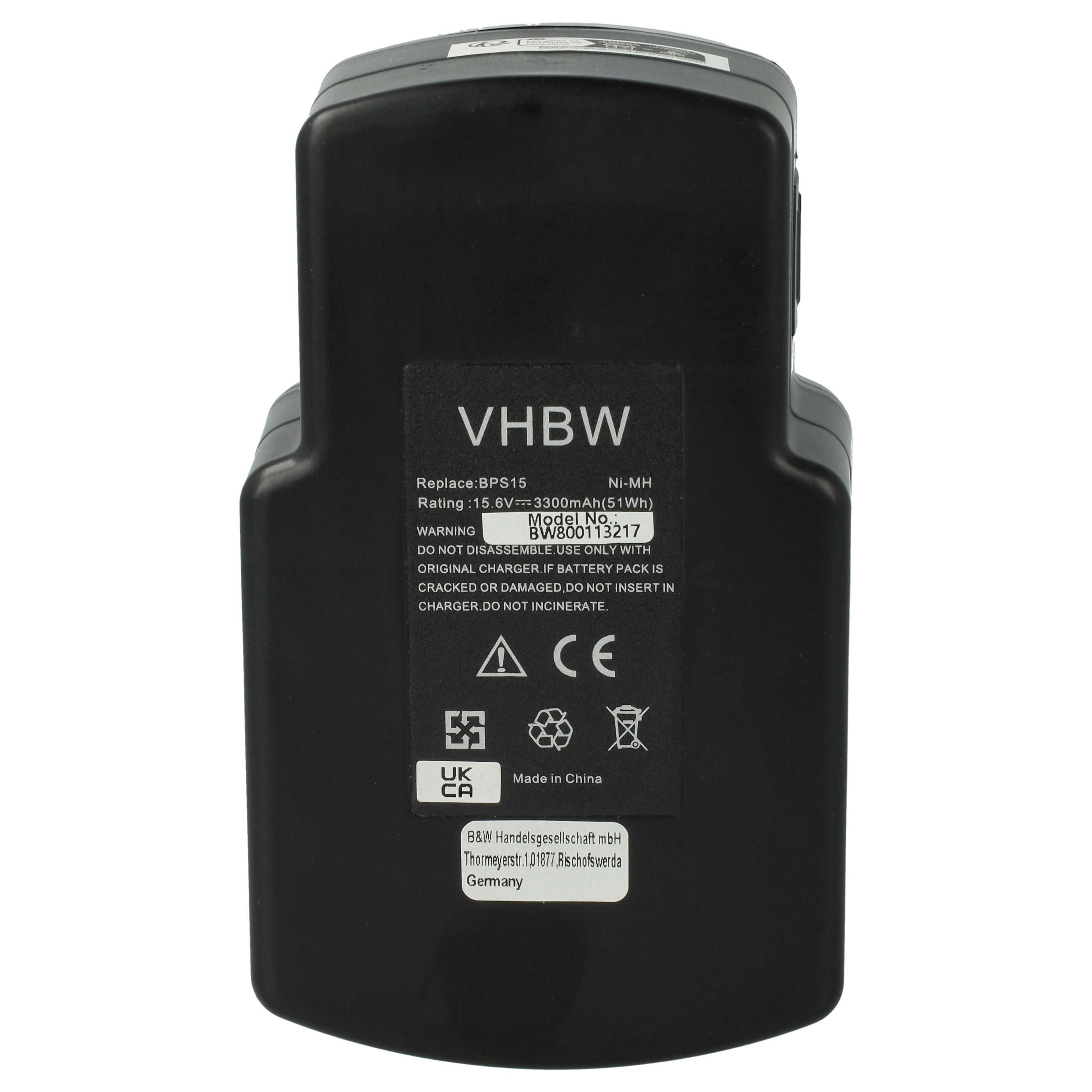 Schwarzer VHBW-Akkupack mit weißem Text. Enthält Warnhinweise und technische Details.