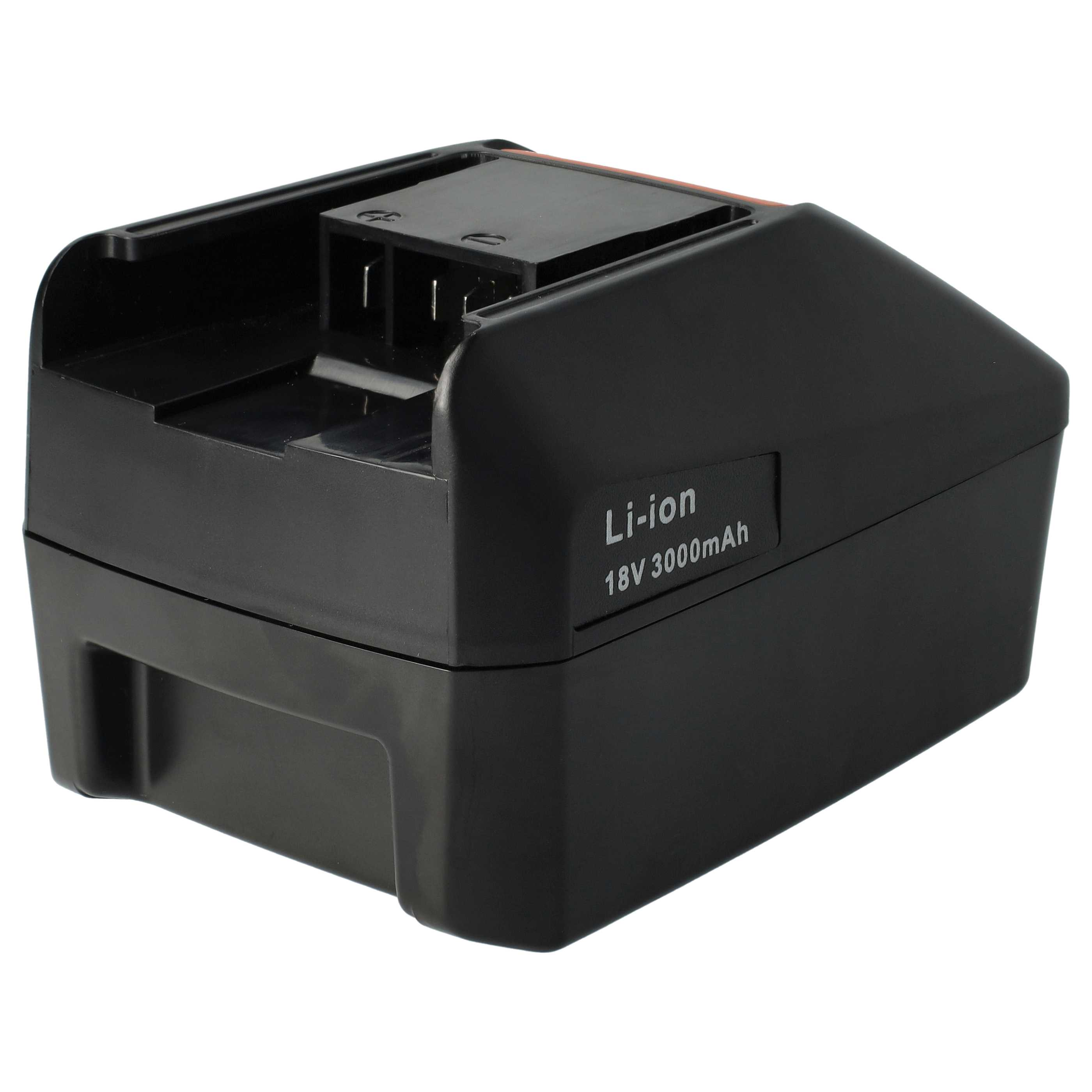Schwarzer Li-Ionen-Akkupack. Es hat ein rechteckiges Design mit abgerundeten Kanten. Text auf der Seite zeigt 18V 3000mAh.