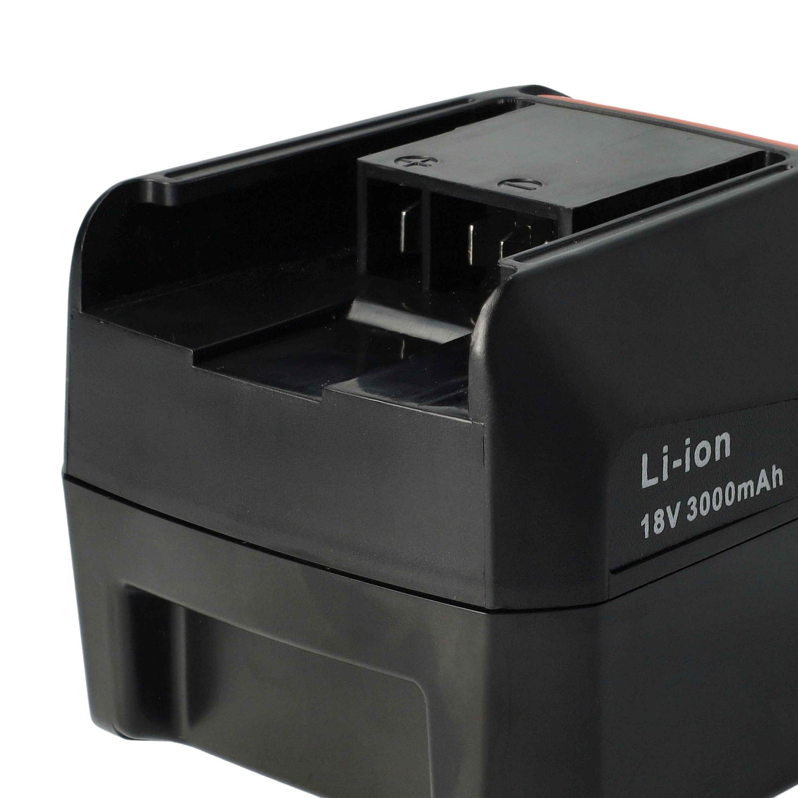 Ein schwarzes Li-Ion-Akkupack für ein Elektrowerkzeug, mit 18V 3000mAh-Etikett. Es hat einen oberen Anschluss.