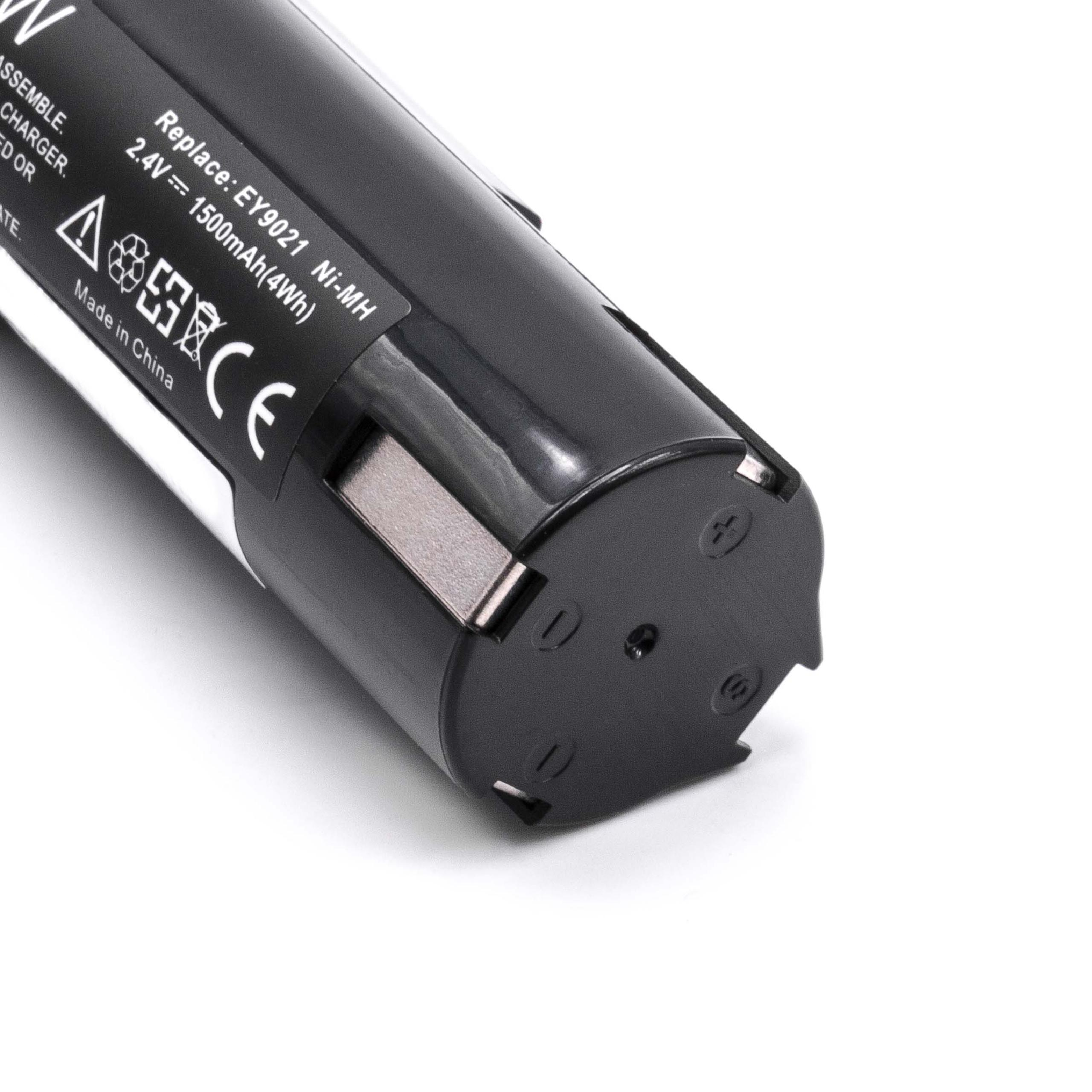 Ein schwarzer Akku mit Text, der den Ersatz EY9021, 2,4 V, 1500 mAh anzeigt. Er hat ein CE-Zeichen und die Aufschrift Made in China.