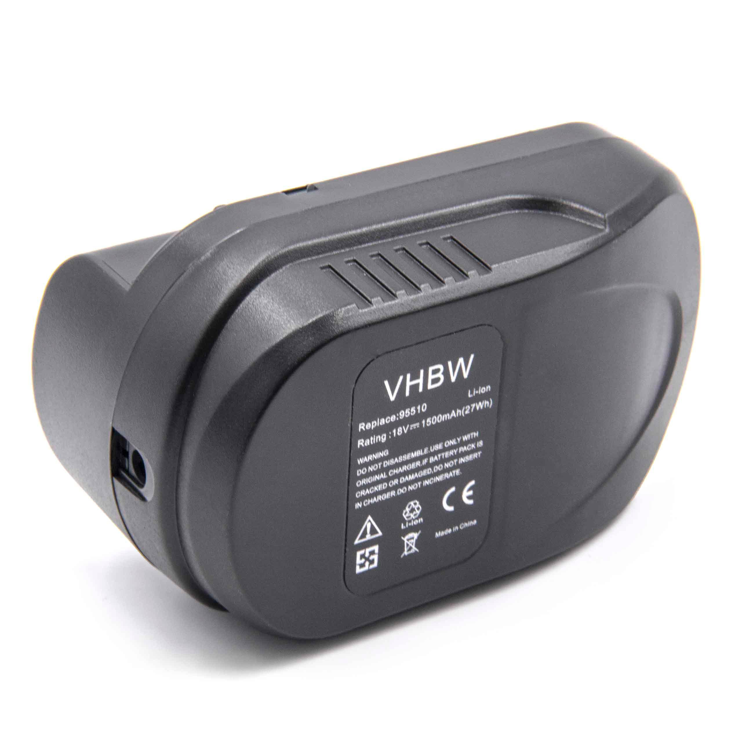 Ein schwarzer VHBW Li-Ion Akku. Auf dem Akku steht '18V 1500mAh(27Wh)' und Sicherheitshinweise. CE-Zeichen sichtbar.