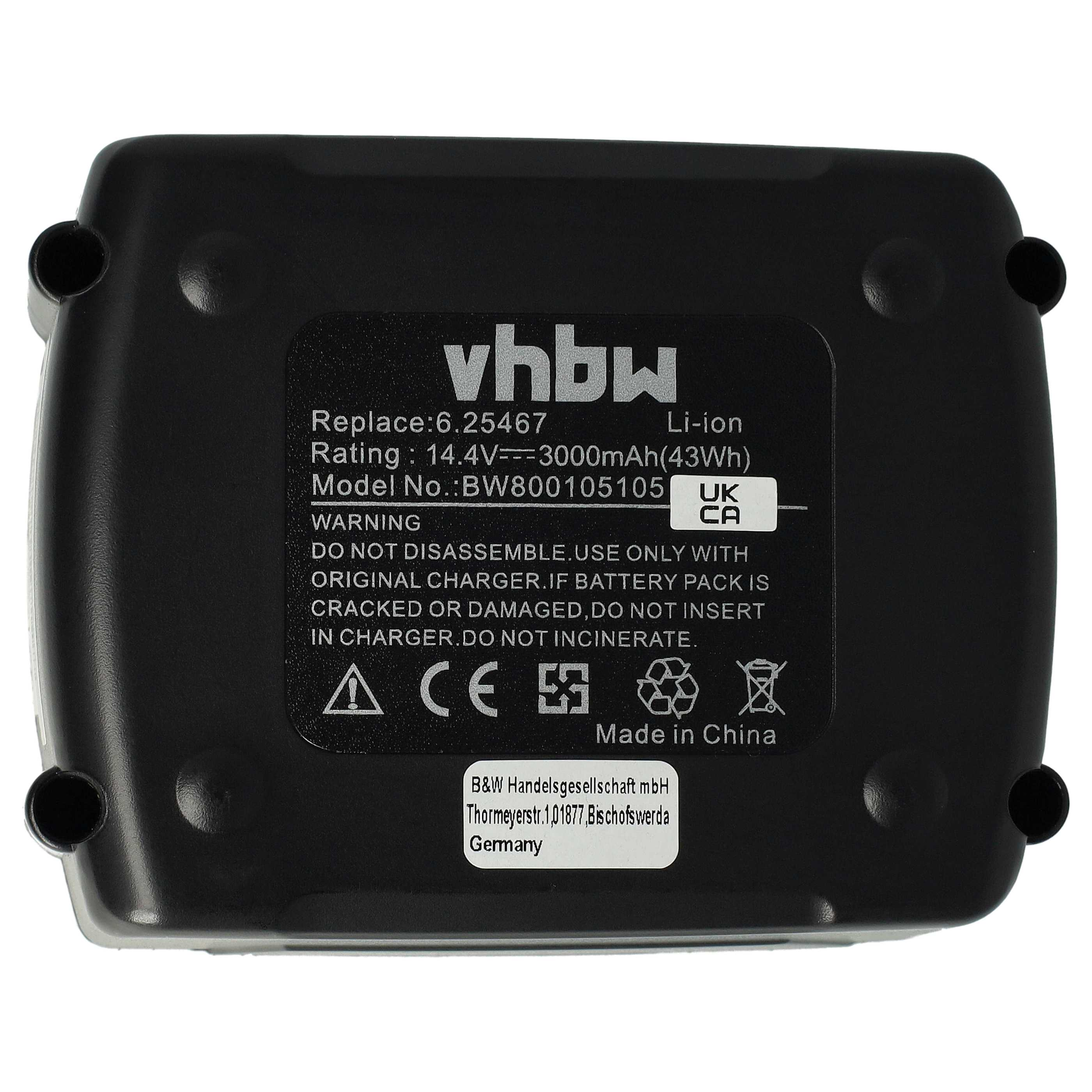 Schwarzer Akku mit Text. Der Text enthält die Marke 'vhbw', Warnhinweise und technische Daten. Hergestellt in China.