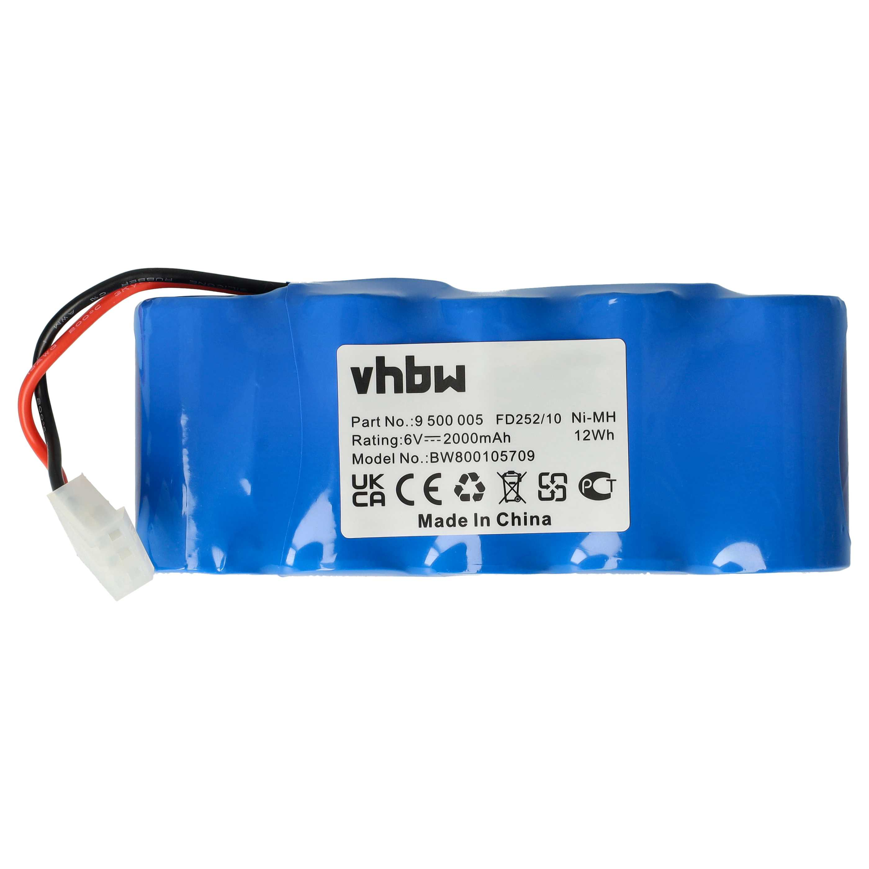 Ein blaues Akkupack mit Drähten, einem weißen Stecker und einem Etikett mit Text wie 'vhbw' und Spezifikationen.