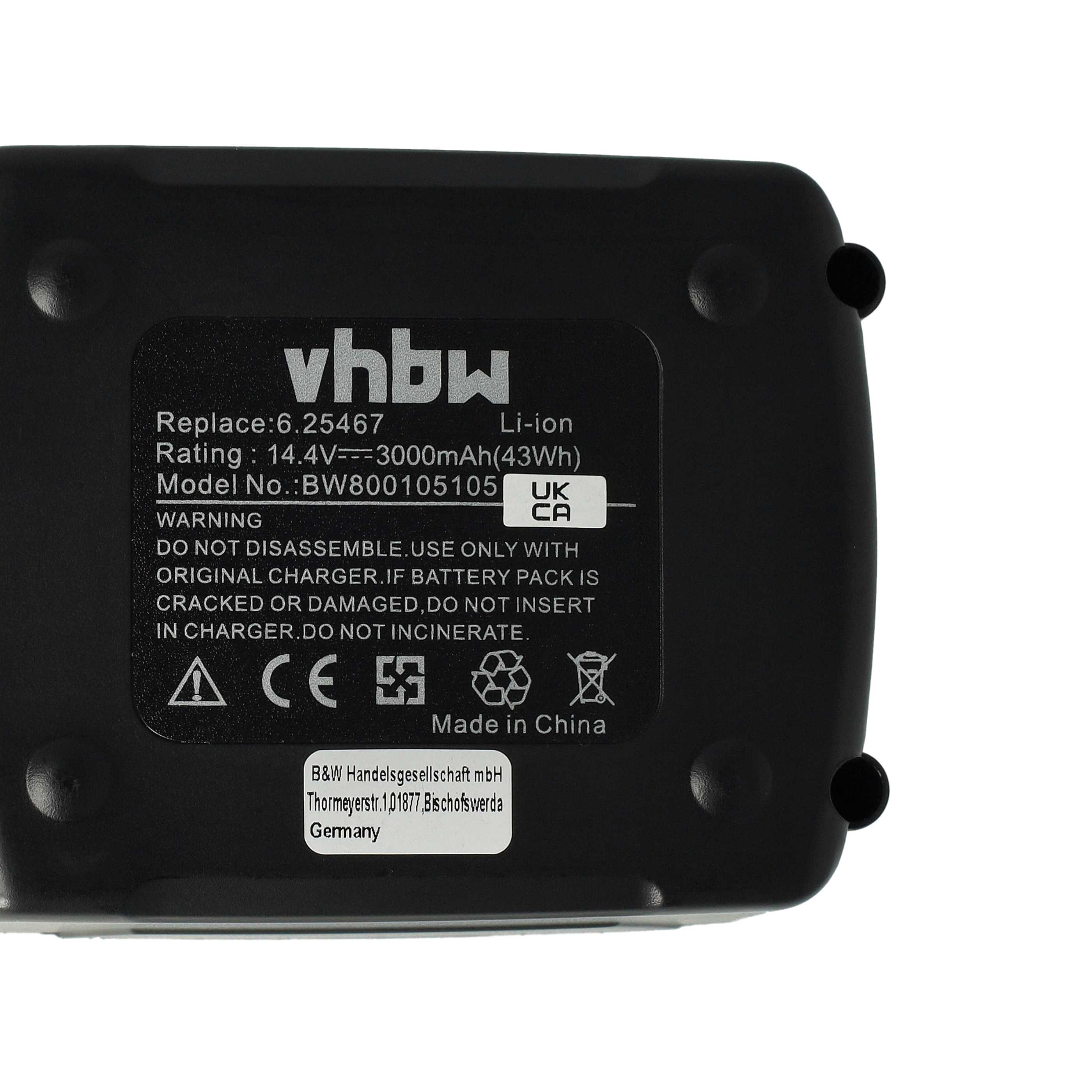 Schwarzer Akku mit weißem Text. Er hat das vhbw-Logo, Warnhinweise und technische Daten. Hergestellt in China.