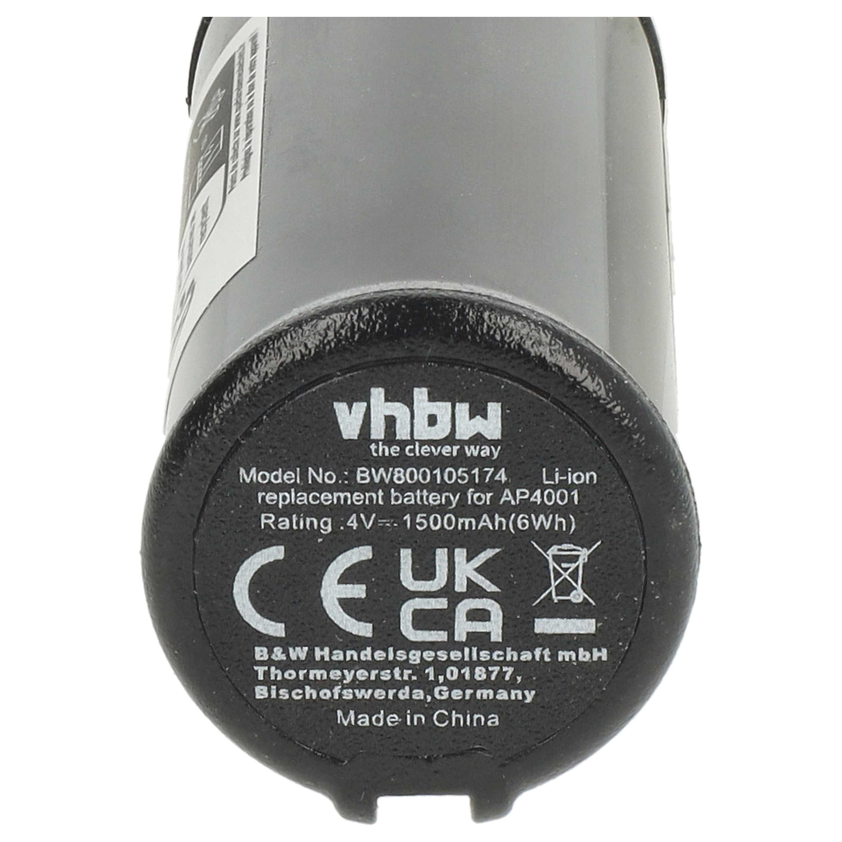 Ein schwarzer Akku mit weißem Text. Er hat den Markennamen 'vhbw'. Informationen umfassen Modell, Bewertung und 'Made in China'.