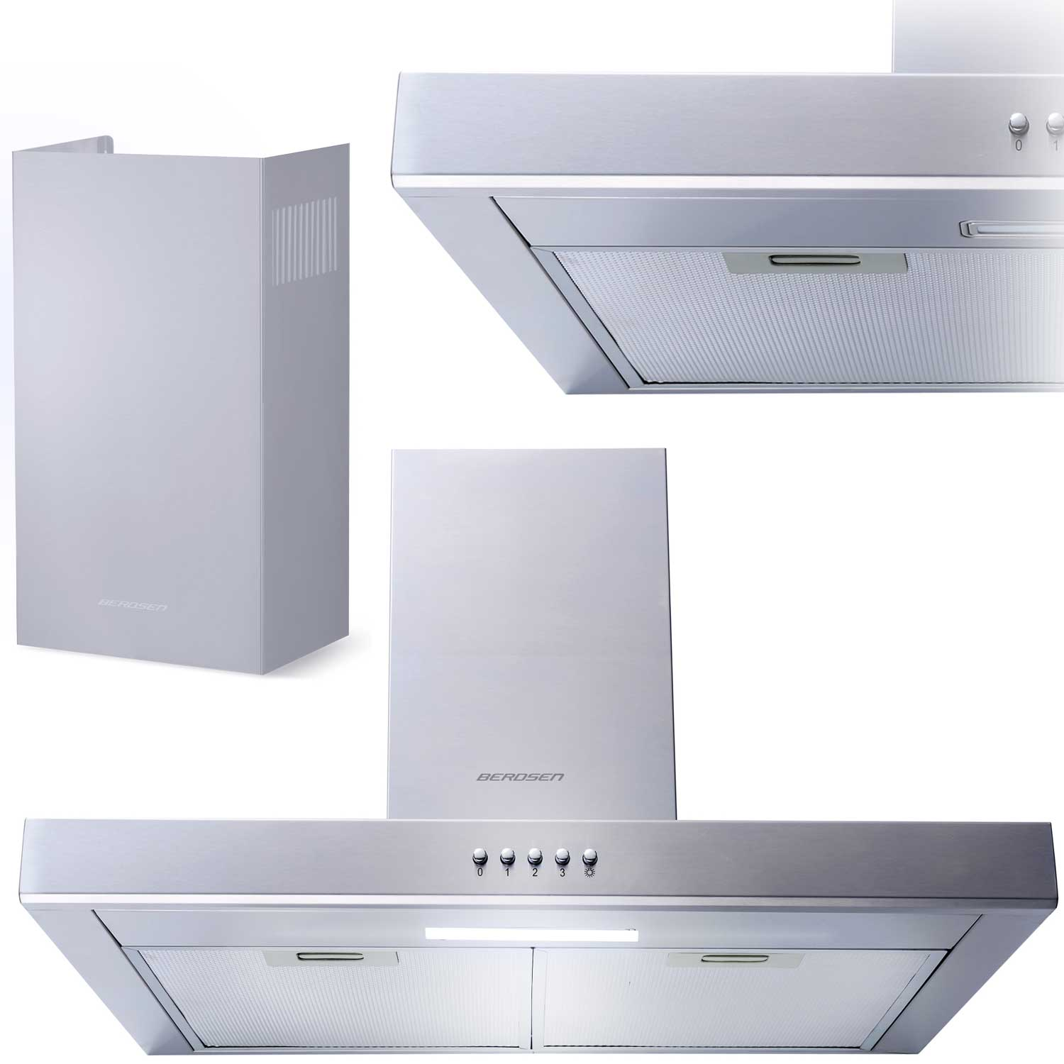 Trzy widoki nowoczesnego, srebrnego okapu. Zawiera zbliżenia elementów sterujących, wentylacji i marki.