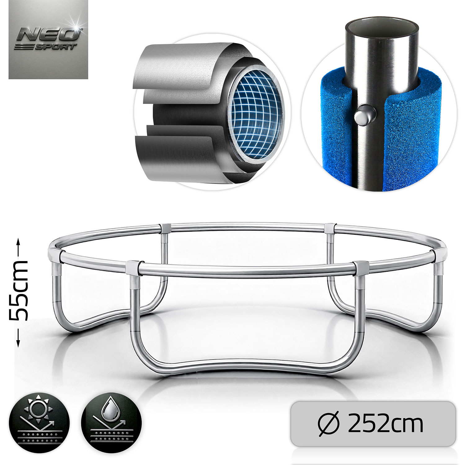 Rama trampoliny ze szczegółami osłony bezpieczeństwa i konstrukcji. Pokazano wymiary wraz z logo Neo Sport.