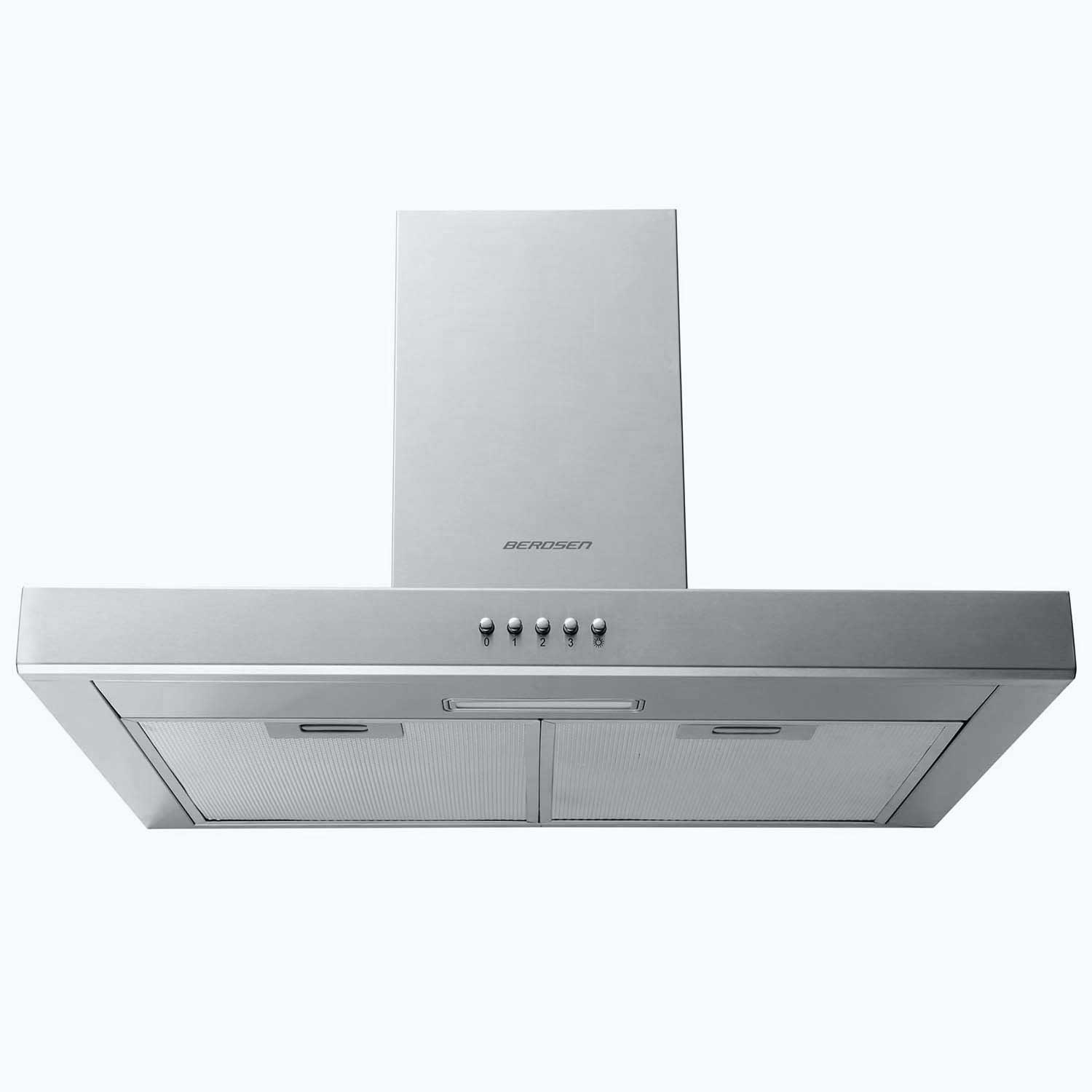 Okap BEROSEN ze stali nierdzewnej o prostokątnym kształcie, z oświetleniem i filtrem siatkowym. Tło jest białe.