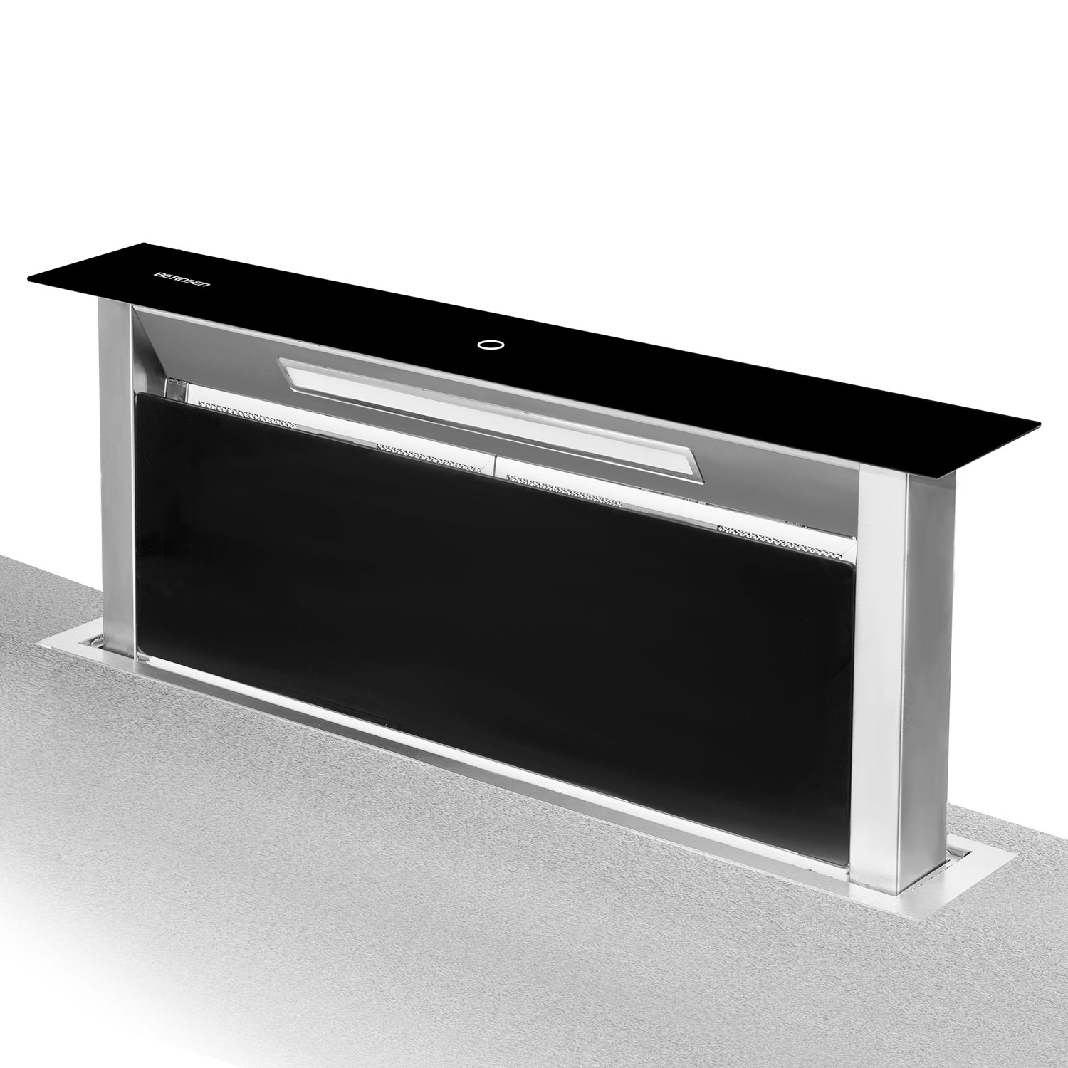 Czarny i srebrny okap kuchenny jest zainstalowany na szarej powierzchni. Okap ma czarny szklany blat i czarny panel przedni.