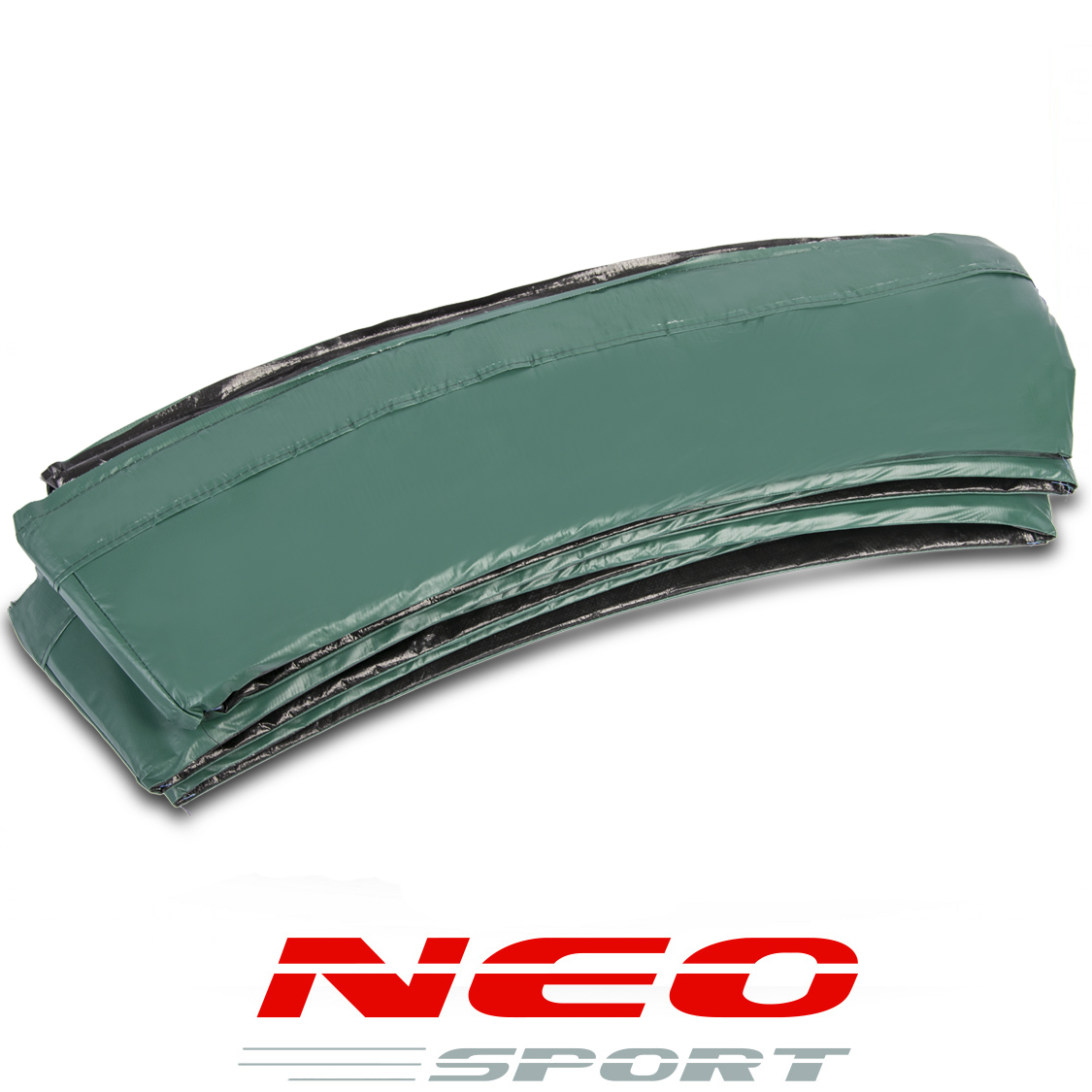 Zielona wyściółka trampoliny złożona, z czarnym obramowaniem. Logo NEO SPORT na dole, na białym tle.