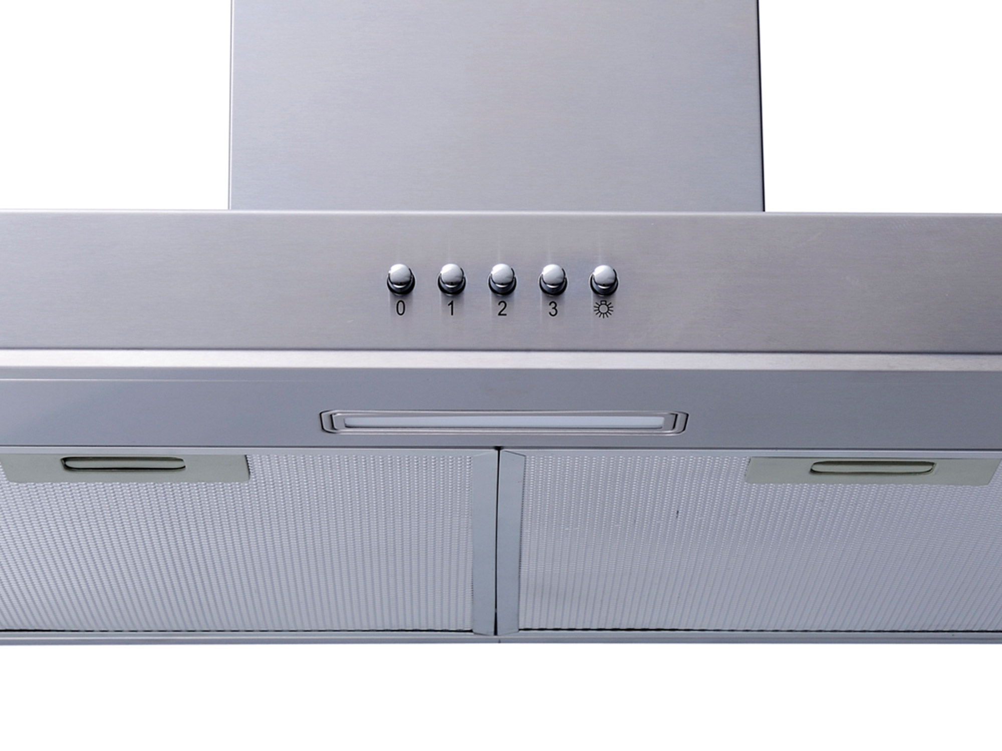 Pokazany jest okap ze stali nierdzewnej. Ma przyciski z etykietami 0, 1, 2, 3 oraz symbol światła.