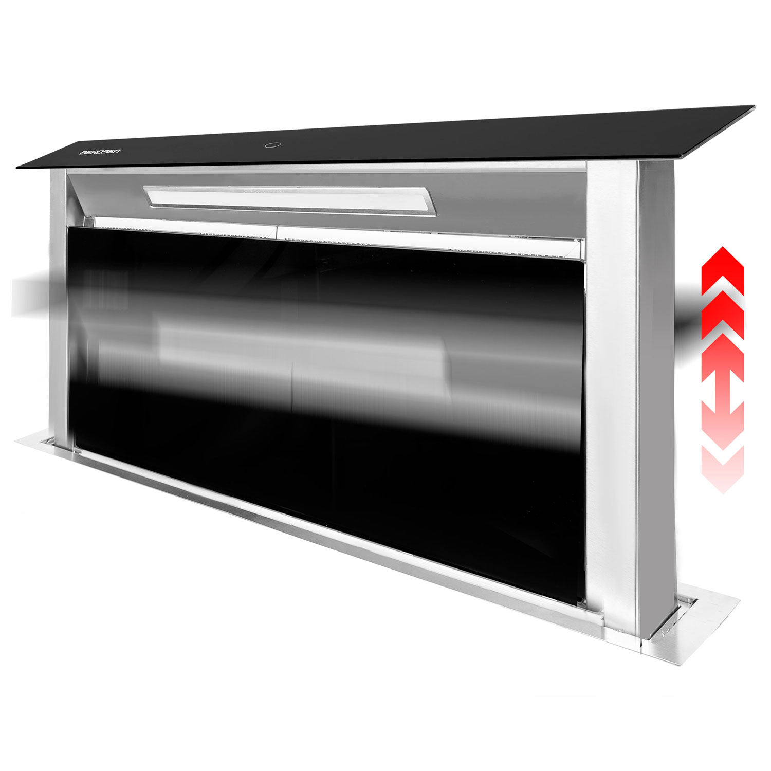 Nowoczesny okap kuchenny z czarnym szklanym panelem i ramą ze stali nierdzewnej. Czerwone strzałki wskazują ruch w górę i w dół.