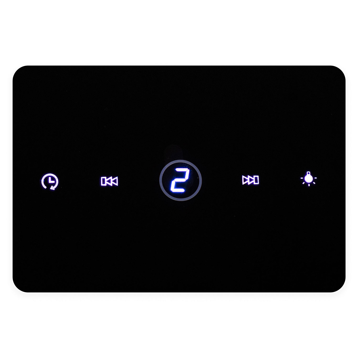 Czarny wyświetlacz cyfrowy z zaokrąglonymi rogami. Wyświetla '2' na środku, otoczone ikonami: timera, przewijania do tyłu, odtwarzania i światła.