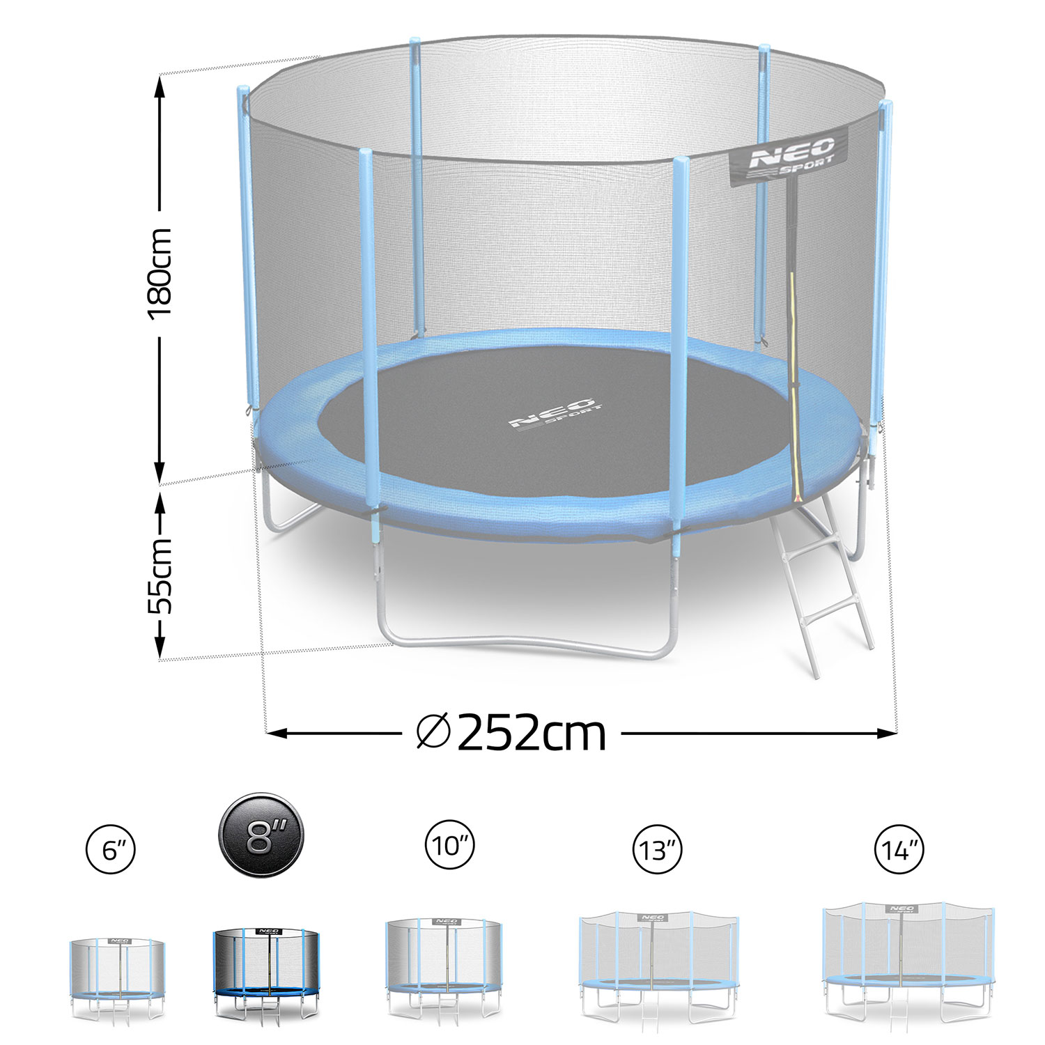 Trampolina z siatką bezpieczeństwa, niebiesko-szara. Podane wymiary: 180 cm wysokości, 252 cm średnicy. Różne rozmiary.