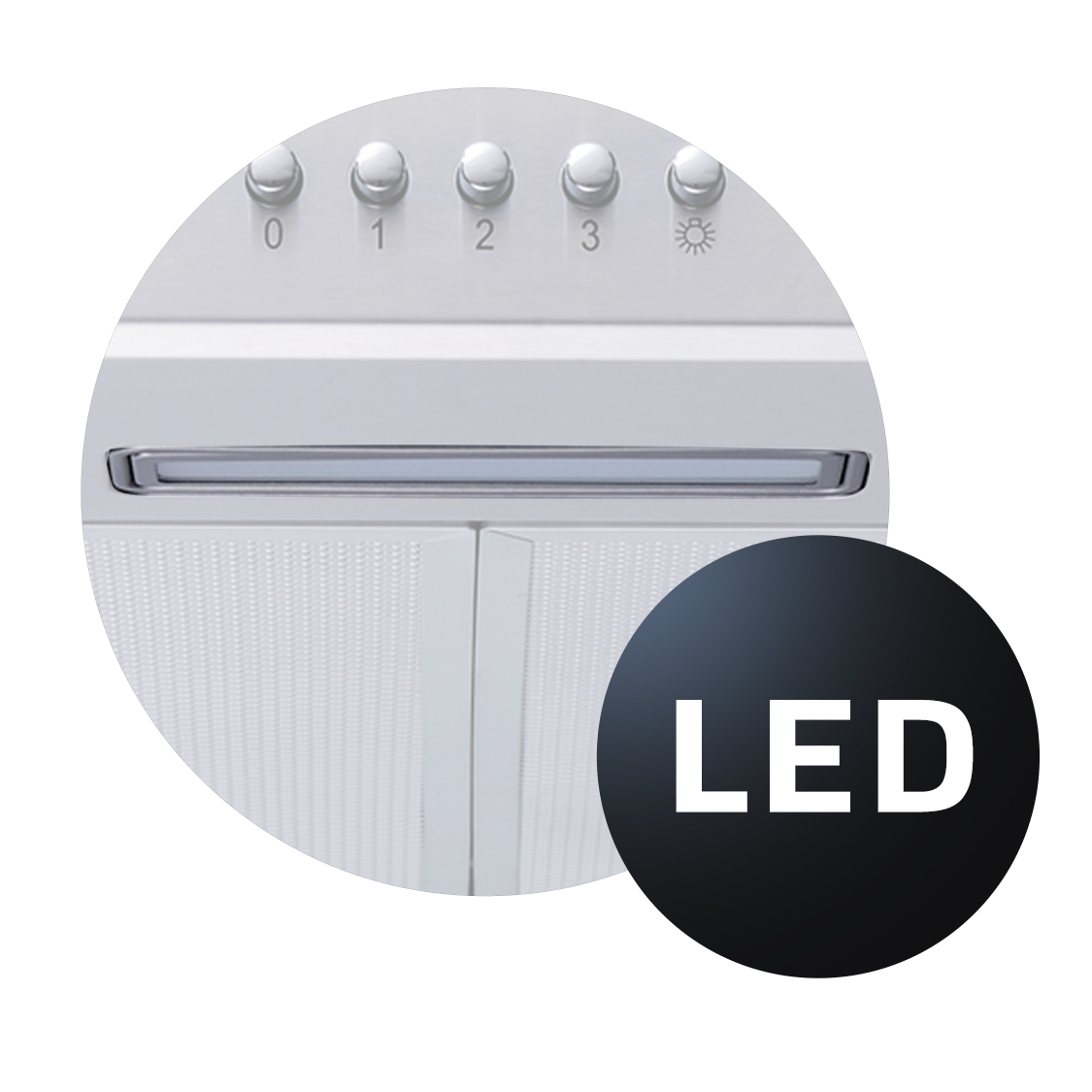Zbliżenie białego okapu z przyciskami sterowania o numerach 0-3 i symbolem światła. Czarny okrąg z napisem 'LED' po prawej.