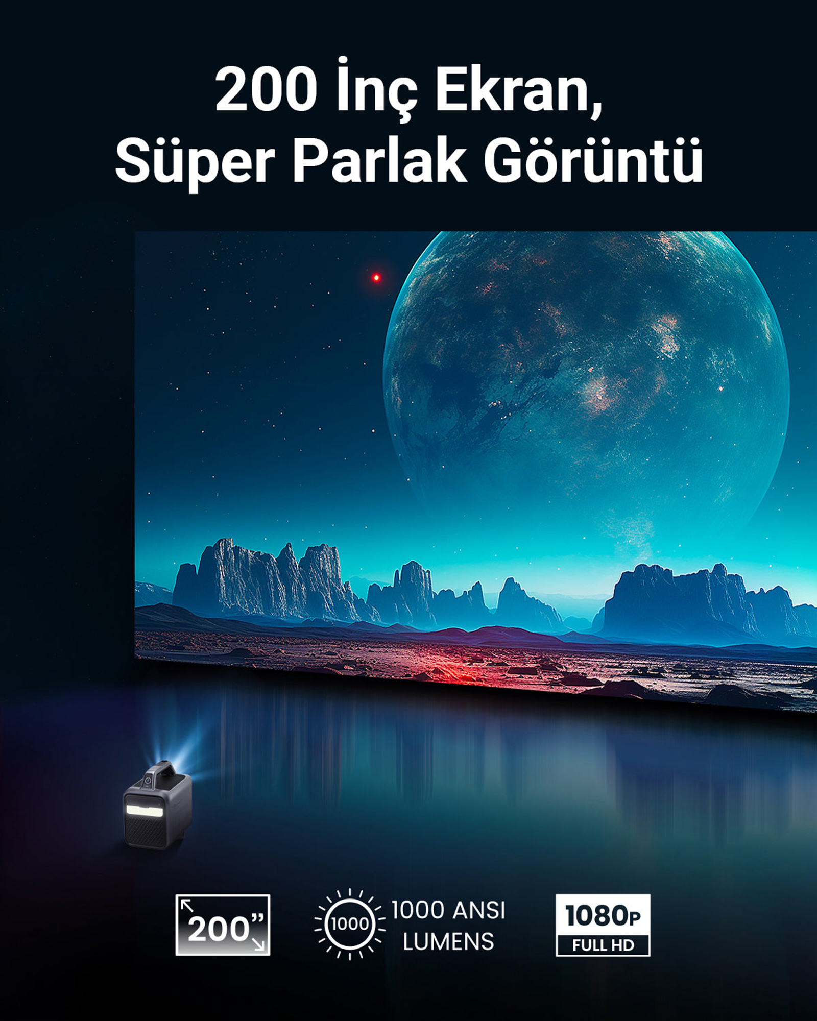 Obraz przedstawiający wyświetlony krajobraz. Widoczna planeta i góry. Projektor znajduje się w lewym dolnym rogu.