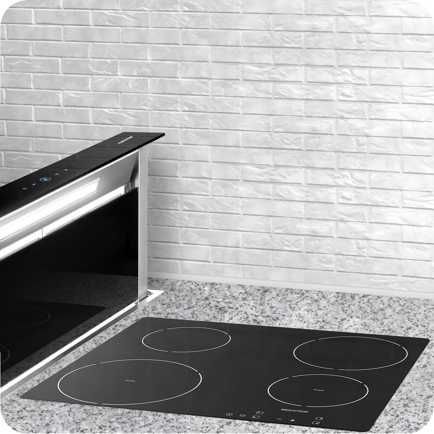 Czarna płyta indukcyjna z czterema palnikami. Okap ze stali nierdzewnej. Biała ceglana ściana w tle. Granitowy blat.