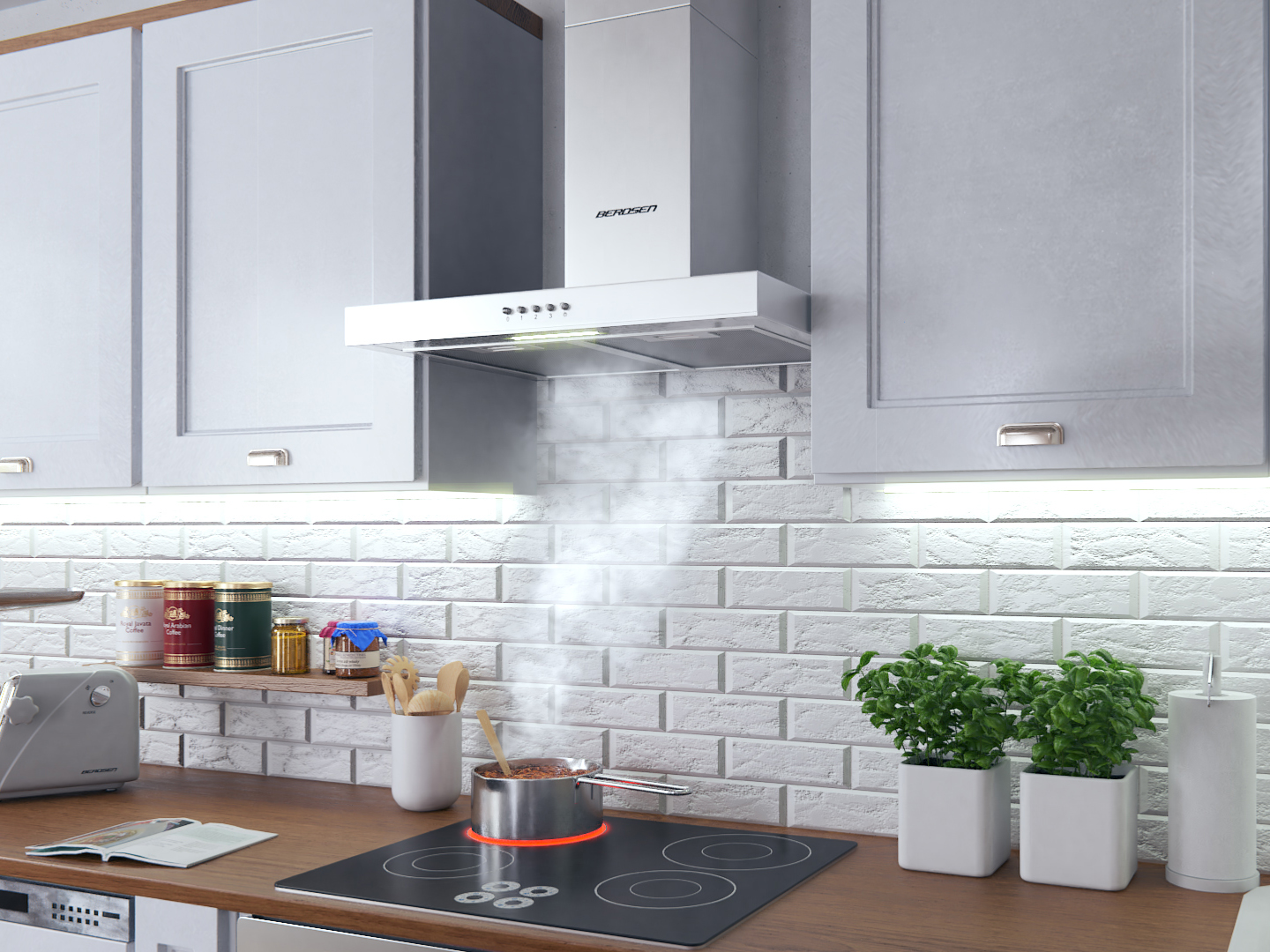 Scena kuchenna z białymi szafkami, kuchenką z parującym garnkiem. Rośliny i słoiki na blacie. Okap nad kuchenką.