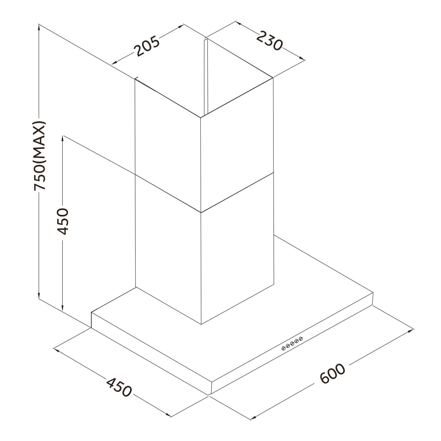Rysunek techniczny okapu kuchennego. Wymiary podano w milimetrach. Okap jest biały, z liniami i wymiarami.