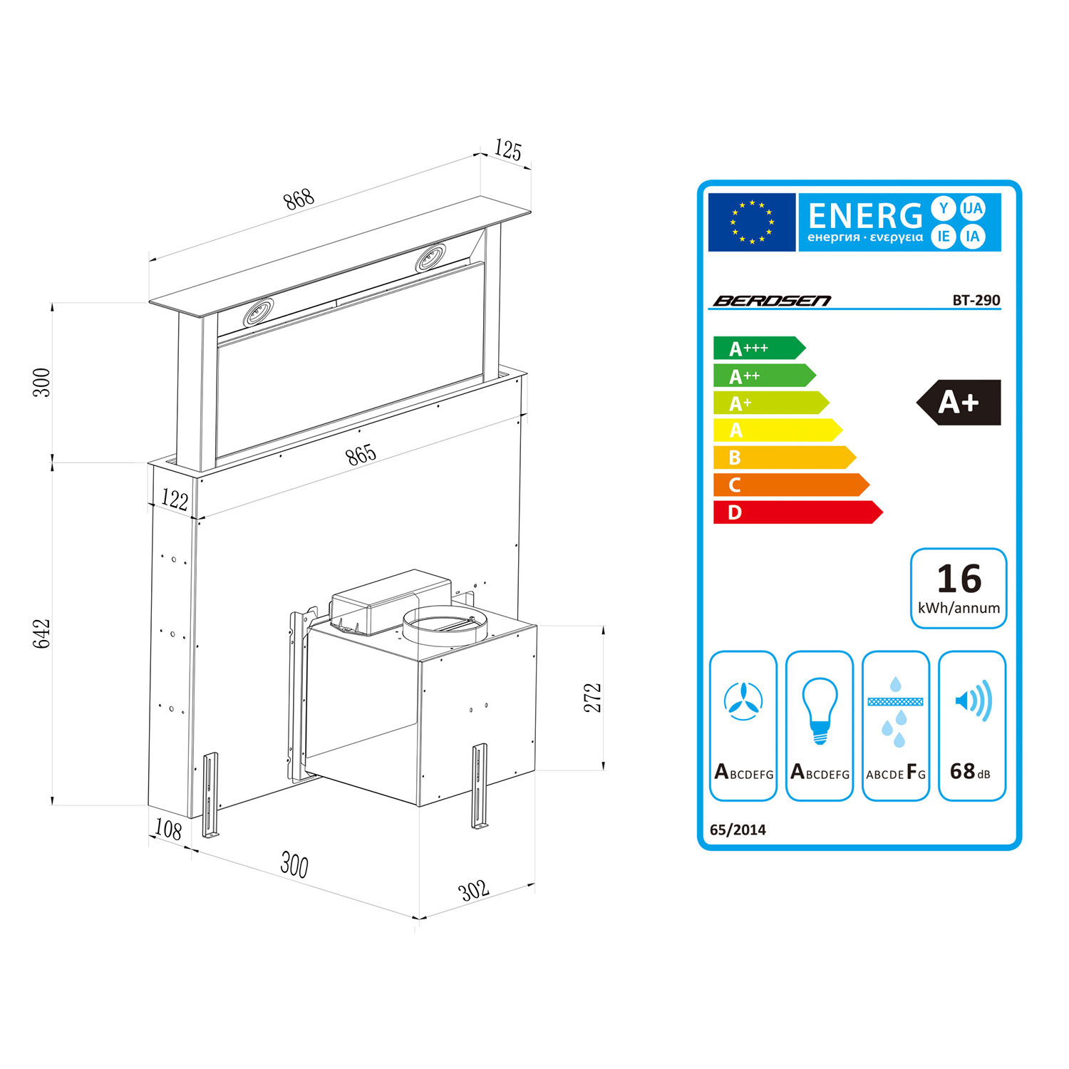 Schemat okapu kuchennego z wymiarami. Etykieta energetyczna po prawej, pokazująca wydajność i poziom hałasu.
