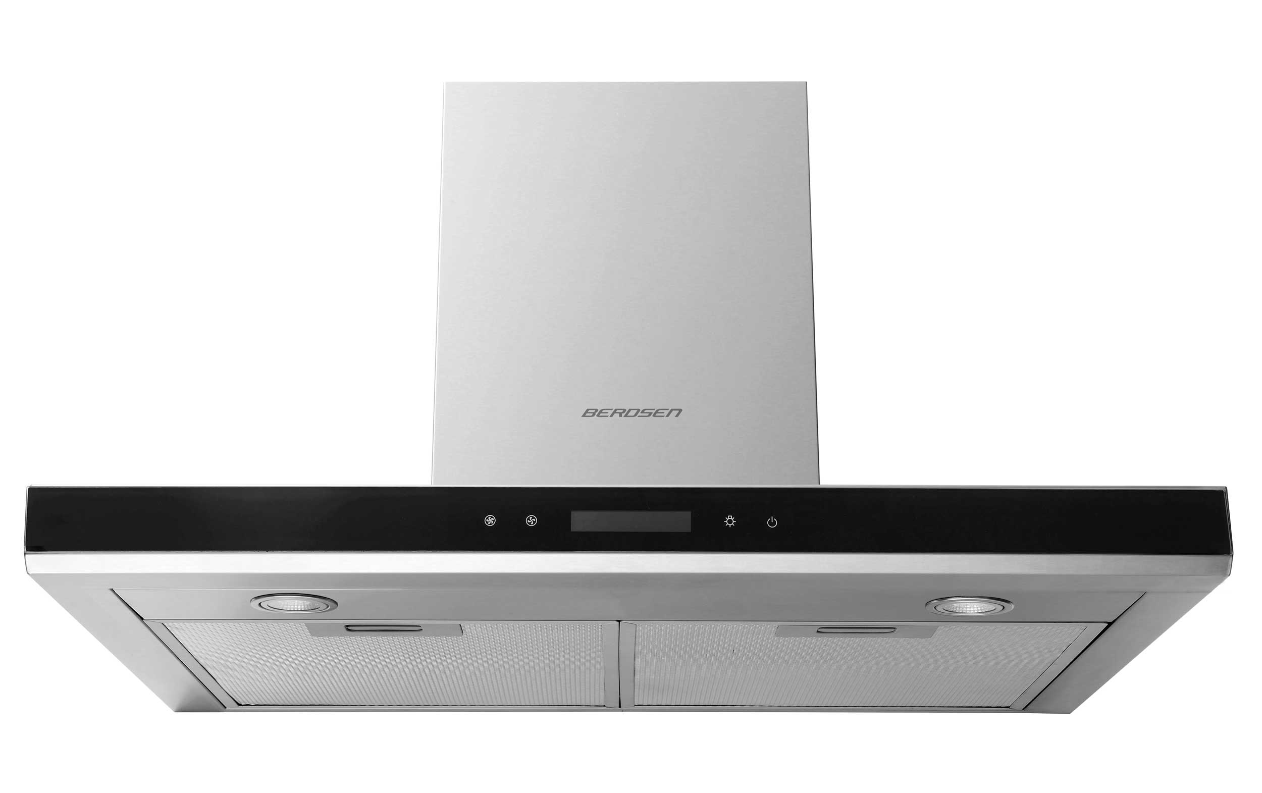 Okap ze stali nierdzewnej z czarnym panelem sterowania. Posiada dwa światła i wyświetlacz cyfrowy.