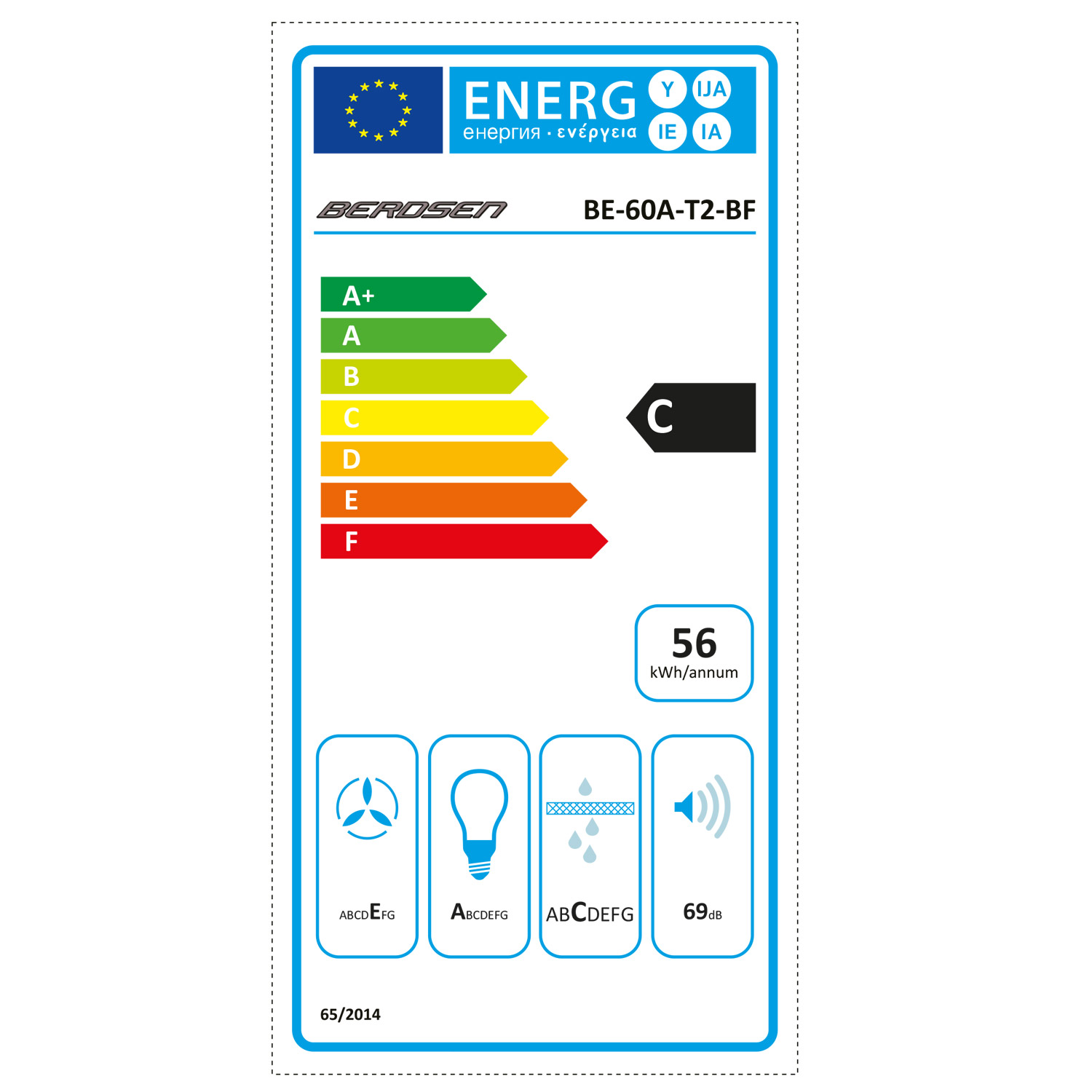 Etykieta energetyczna z ocenami od A+ do F, pokazująca ocenę 'C'. Zawiera szczegóły dotyczące zużycia energii i ikony.