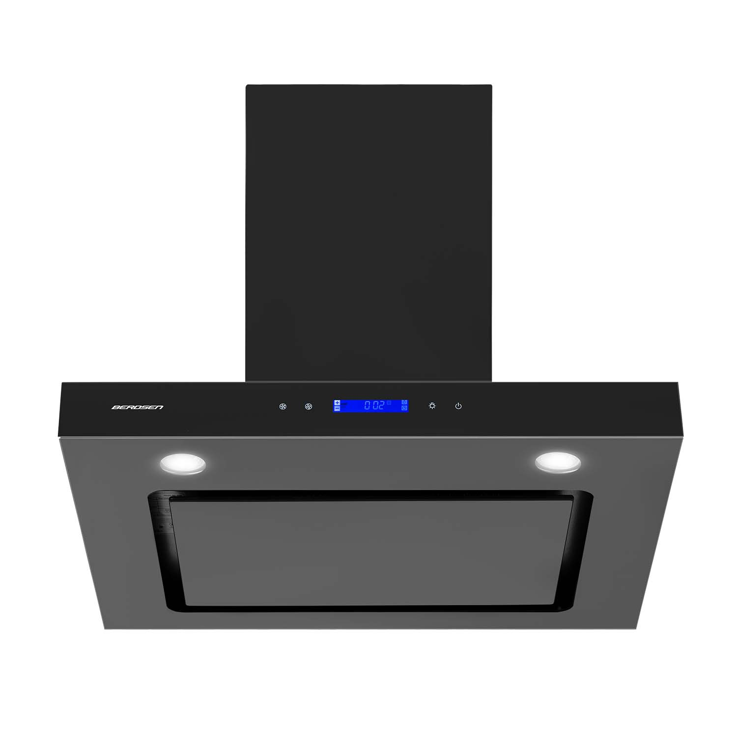 Czarny okap kuchenny z cyfrowym wyświetlaczem. Ma światła i widoczną nazwę marki.