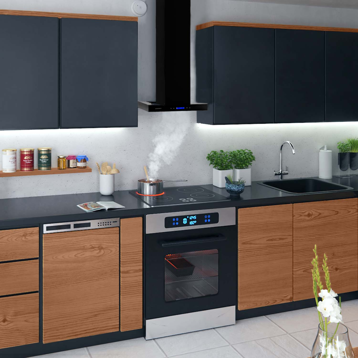 Nowoczesna kuchnia z czarnymi szafkami, drewnianymi drzwiami i piekarnikiem ze stali nierdzewnej. Garnek paruje na kuchence.