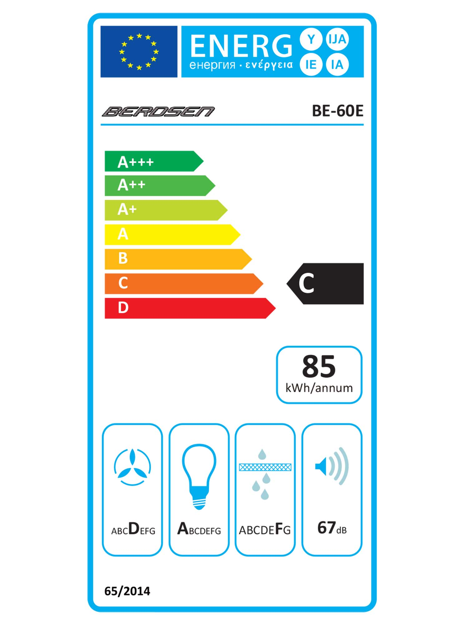 Etykieta energetyczna dla urządzenia Berdsen. Pokazuje klasy efektywności energetycznej od A+++ do D, z oceną C i 85 kWh/rok.