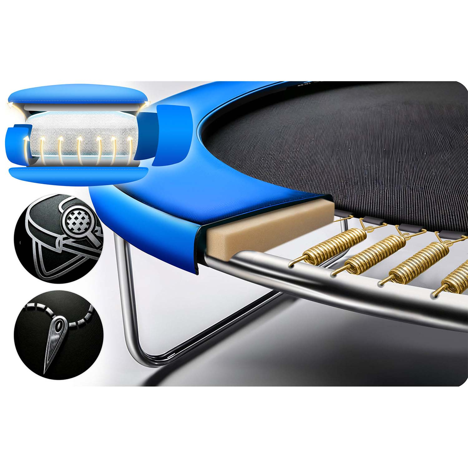 Przekrój trampoliny pokazujący warstwy: niebieska rama, pianka, czarna powierzchnia i sprężyny. Szczegóły obejmują hełm i naszyjnik.