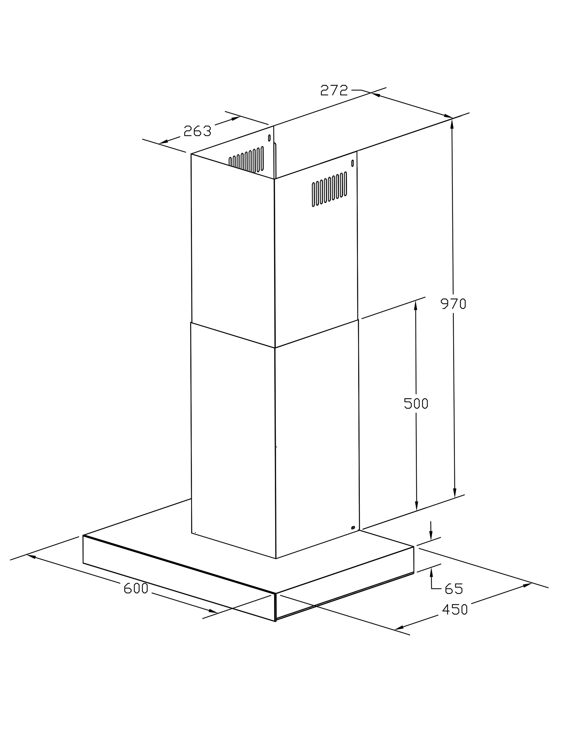 Rysunek liniowy okapu kuchennego z wymiarami. Jest biały, z prostokątną podstawą i korpusem przypominającym komin.