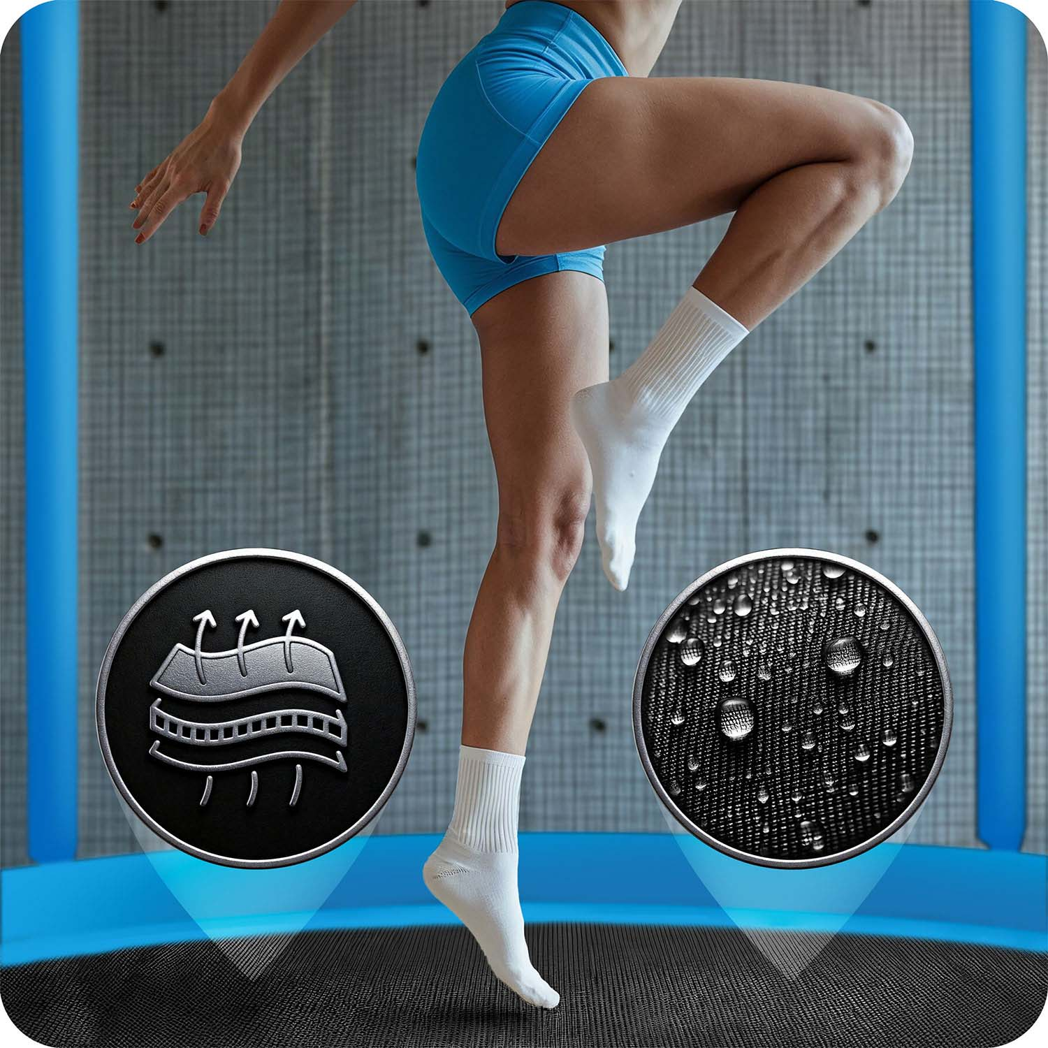 Kobieta na trampolinie, w niebieskich szortach i białych skarpetach. Okręgi pokazują oddychalność i wodoodporność.