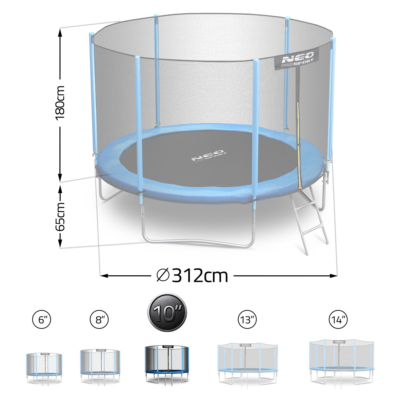 Niebiesko-czarna trampolina z siatką bezpieczeństwa, drabiną i oznaczonymi wymiarami. Poniżej kilka mniejszych modeli trampolin.