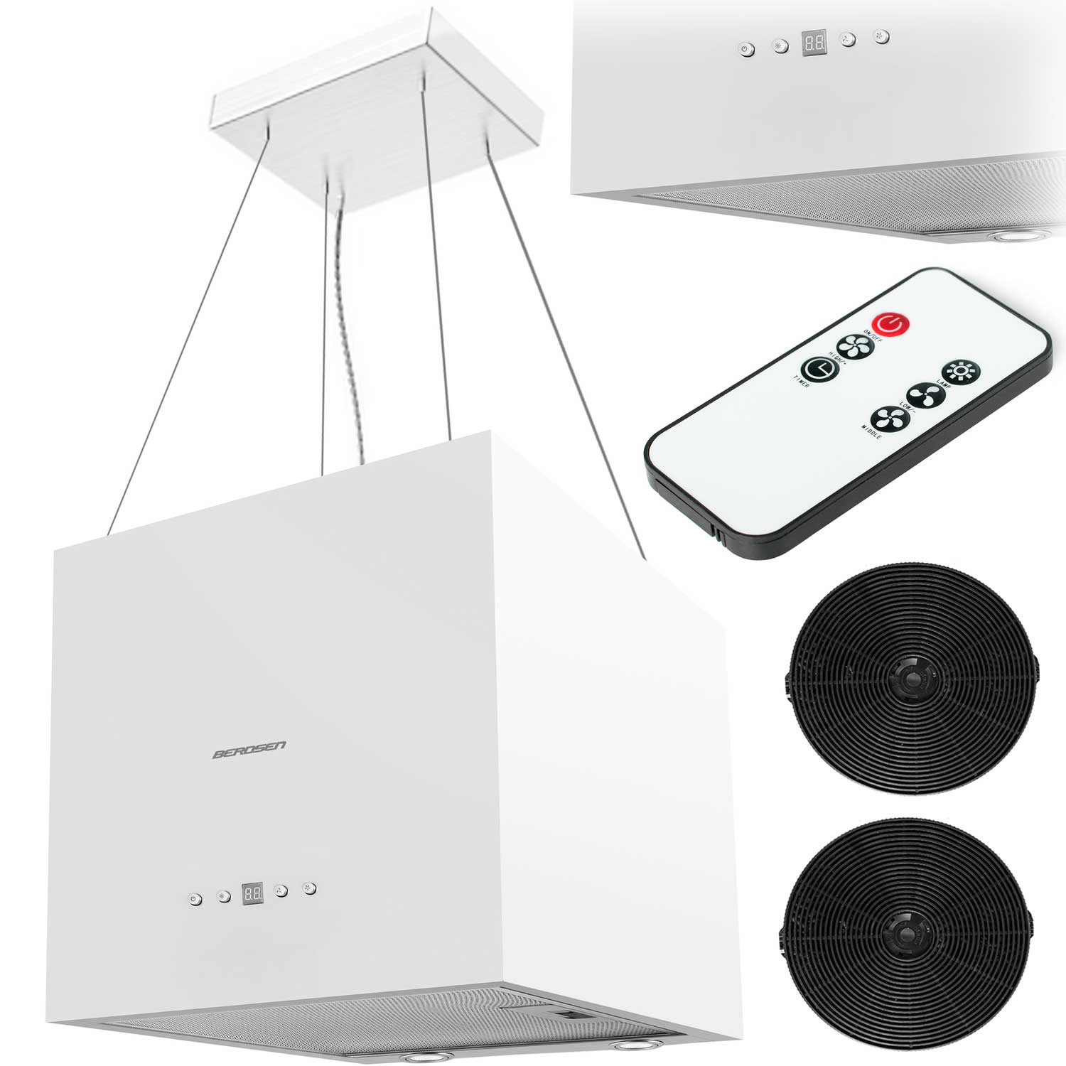 Biały okap kuchenny BEROSEN z pilotem i dwoma okrągłymi czarnymi filtrami. Okap jest zawieszony pod sufitem.