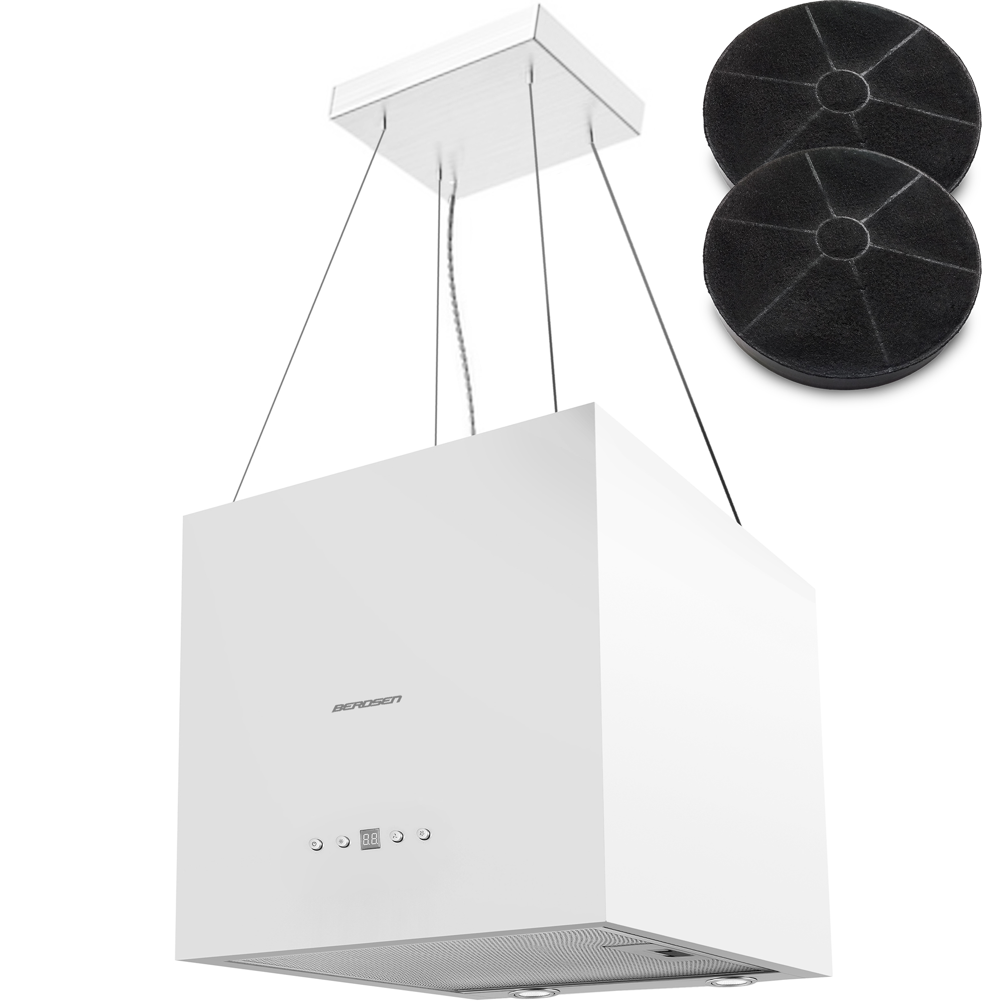 Biały okap z dwoma czarnymi filtrami. Jest zawieszony na suficie. Okap posiada wyświetlacz cyfrowy.