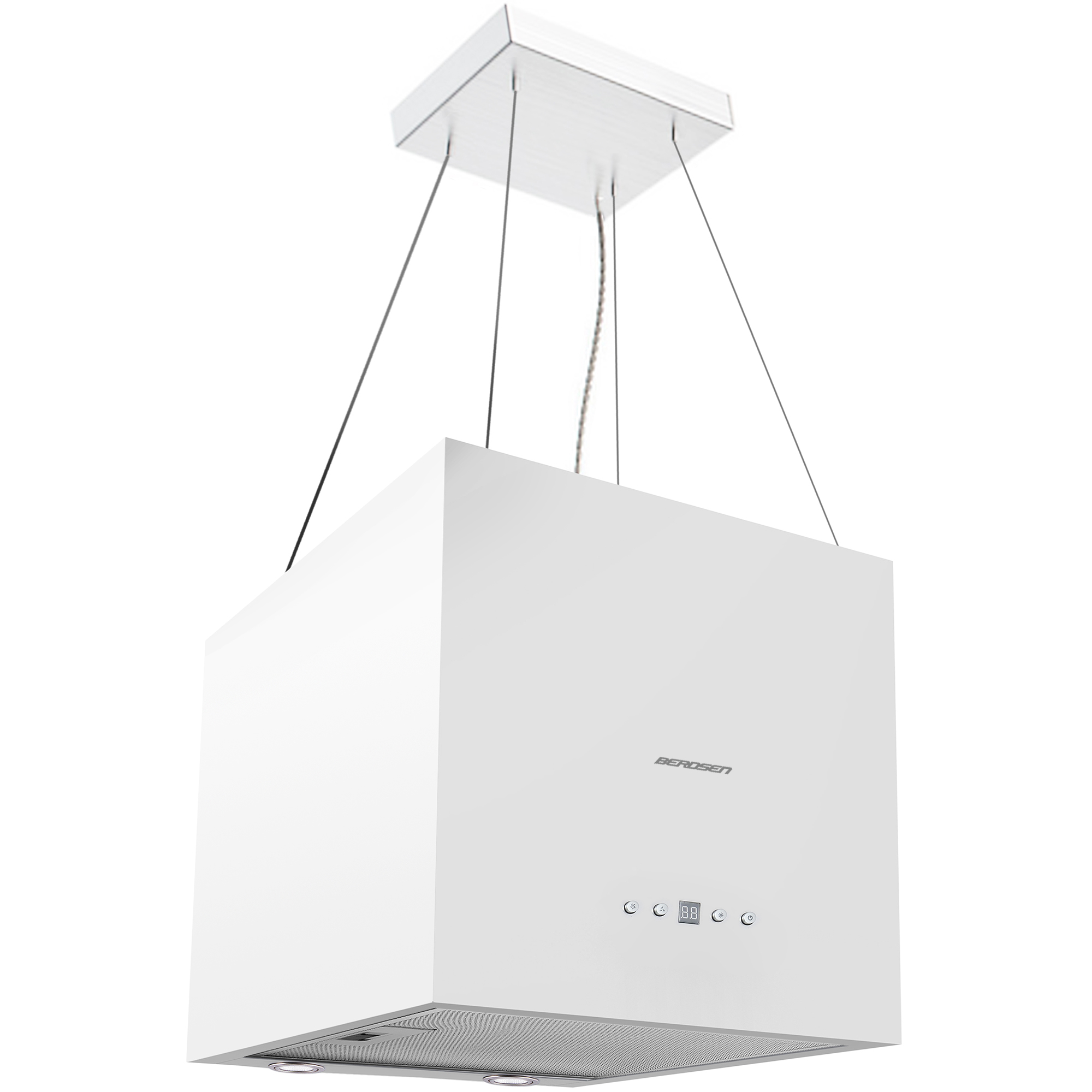Biały, kwadratowy okap kuchenny, zawieszony na suficie za pomocą drutów. Z przodu ma cyfrowy wyświetlacz i nazwę marki.