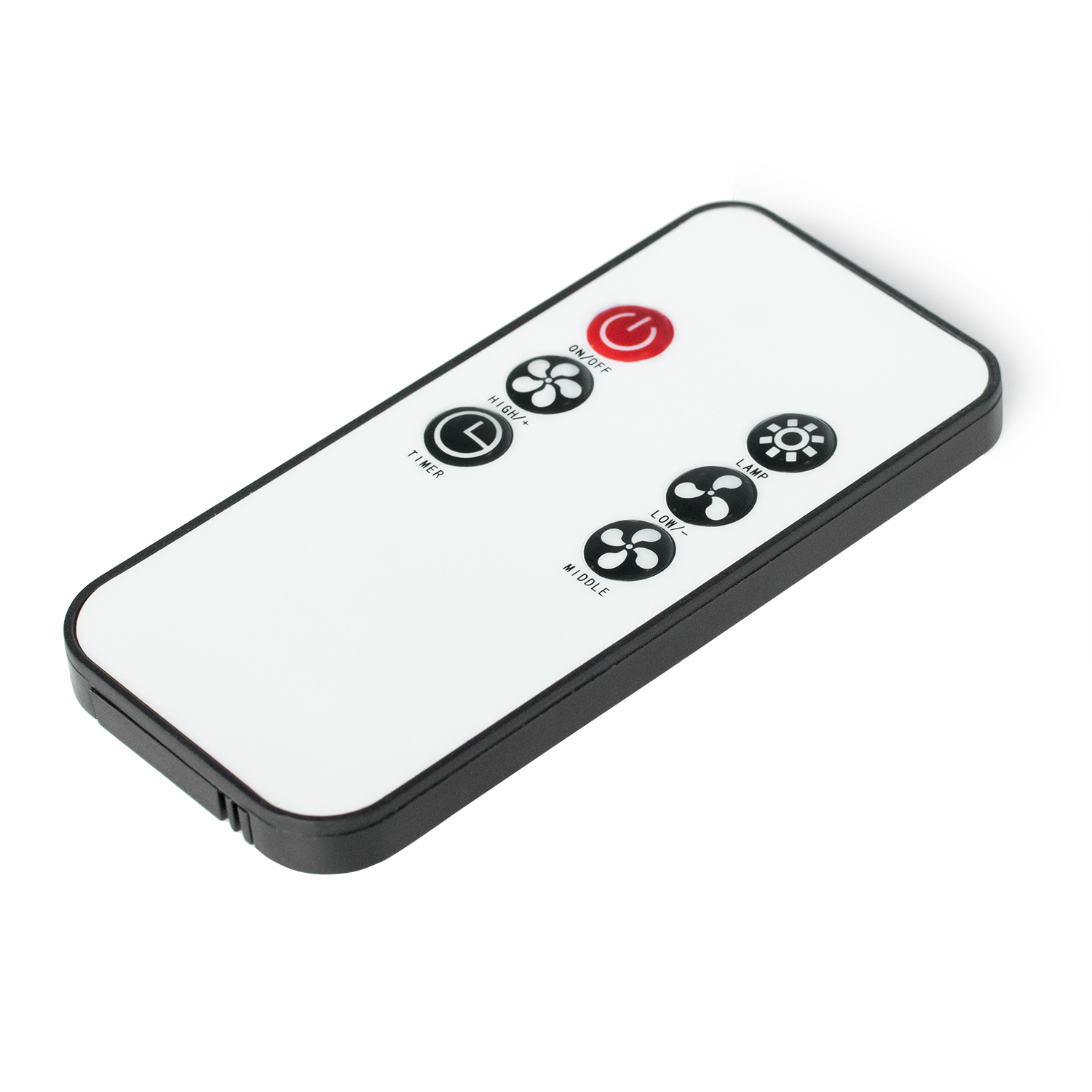 Biały pilot z czarnymi krawędziami. Przyciski obejmują włączanie/wyłączanie, timer, prędkość wentylatora i ikony sterowania lampą.