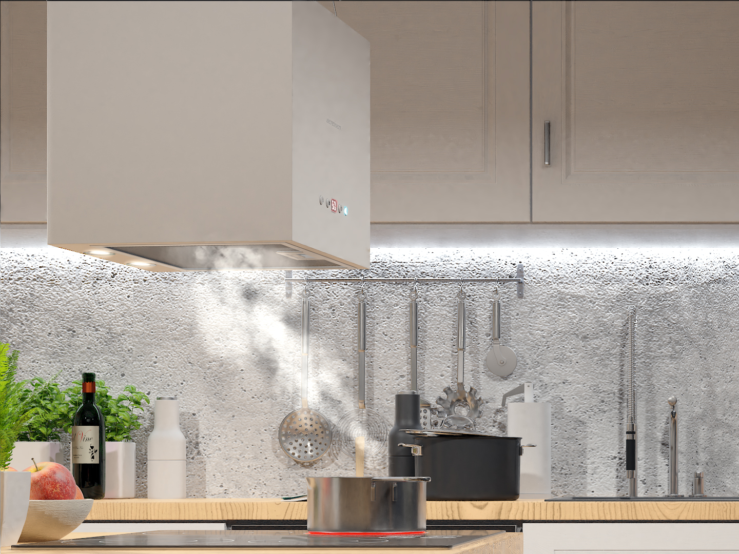 Scena kuchenna z kuchenką, garnkiem i okapem. Para unosi się z garnka. Są przybory kuchenne i butelka wina.