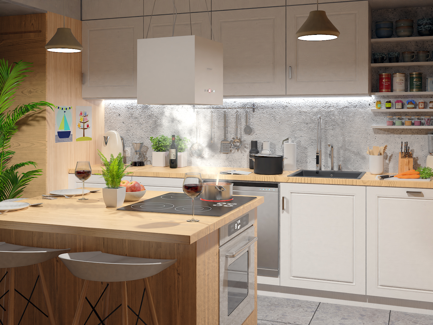 Scena kuchenna z drewnianą wyspą, kuchenką i zlewem. Kieliszki do wina i jedzenie są na wyspie. Garnek paruje na kuchence.