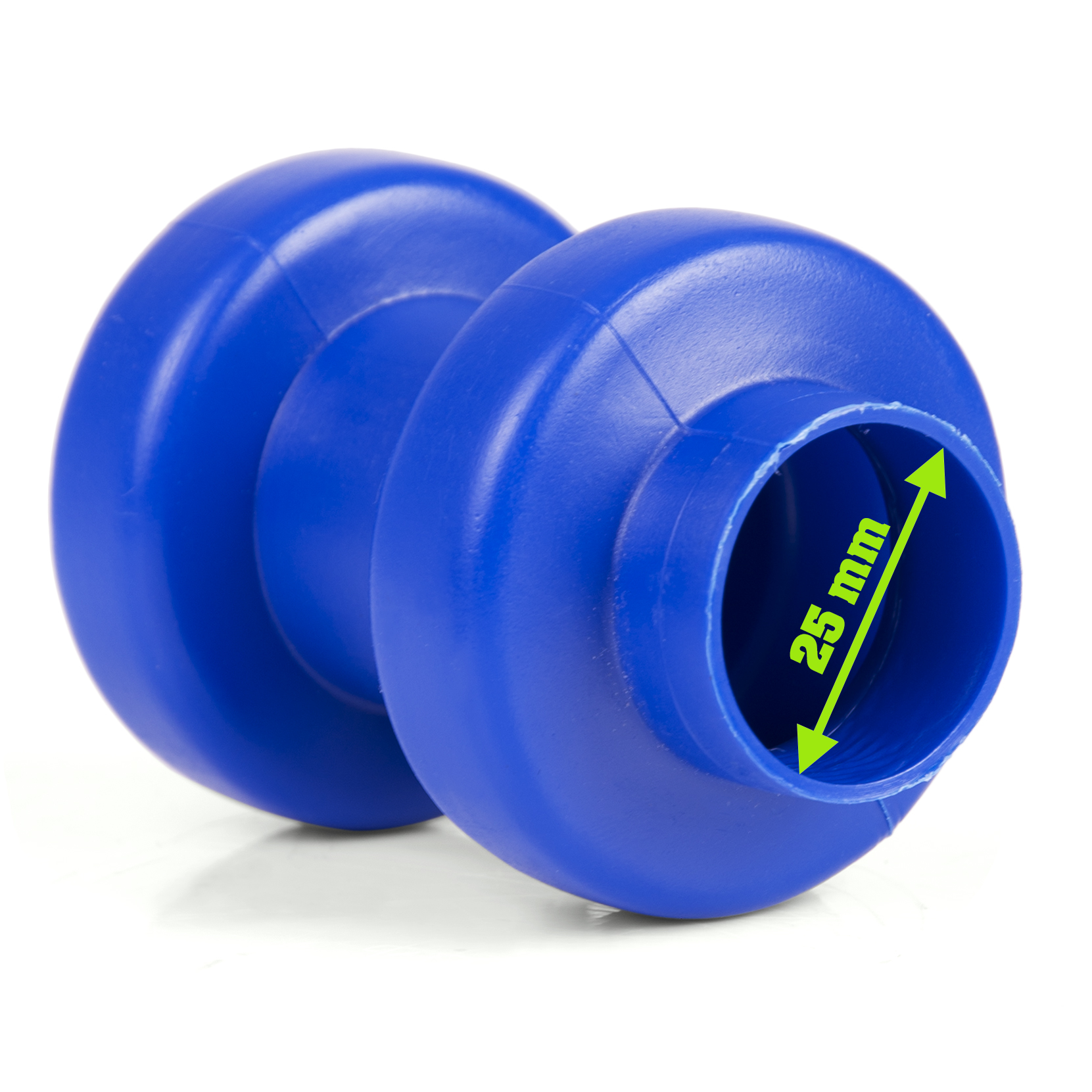 Niebieski plastikowy przedmiot cylindryczny ze wskazaniem 25 mm. Ma cylindryczny kształt z zaokrąglonymi krawędziami.